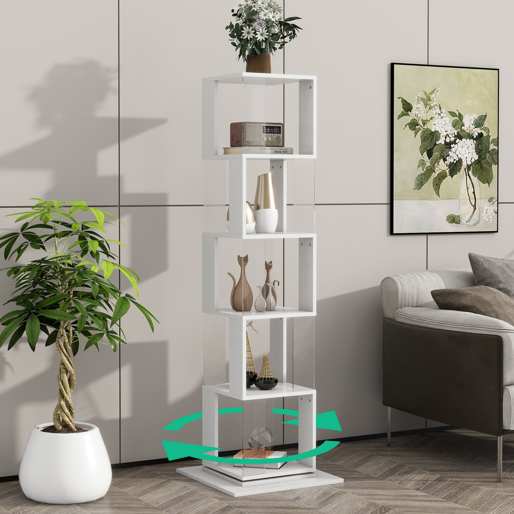 White modern rotating bookshelf with five tiers