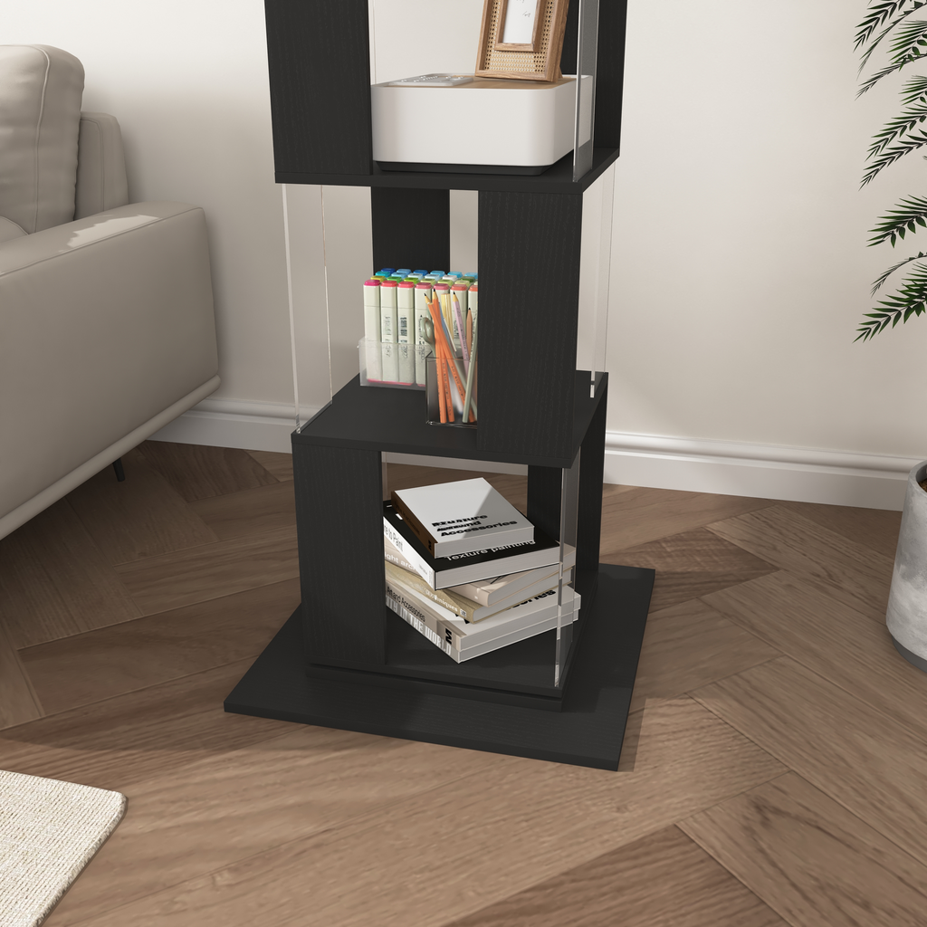Black wood tiered display shelf with clear acrylic accents