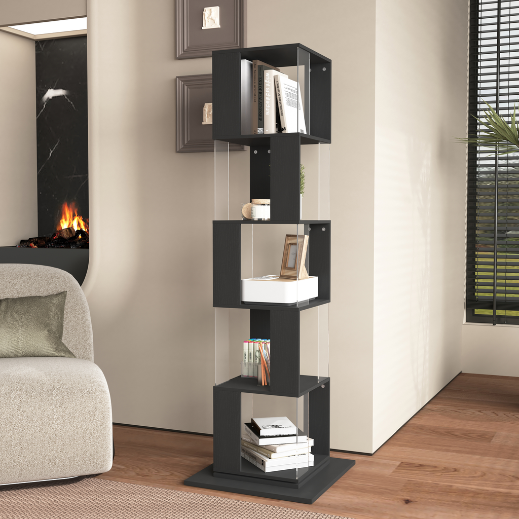 Modern grey cube bookshelf with clear acrylic dividers