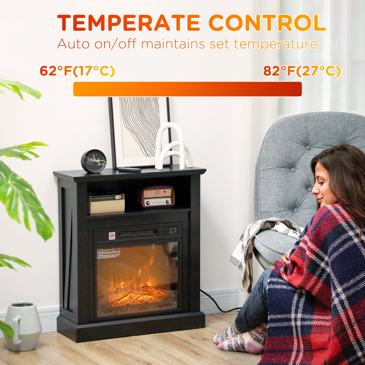 Black electric fireplace with realistic flame effect for cozy living rooms