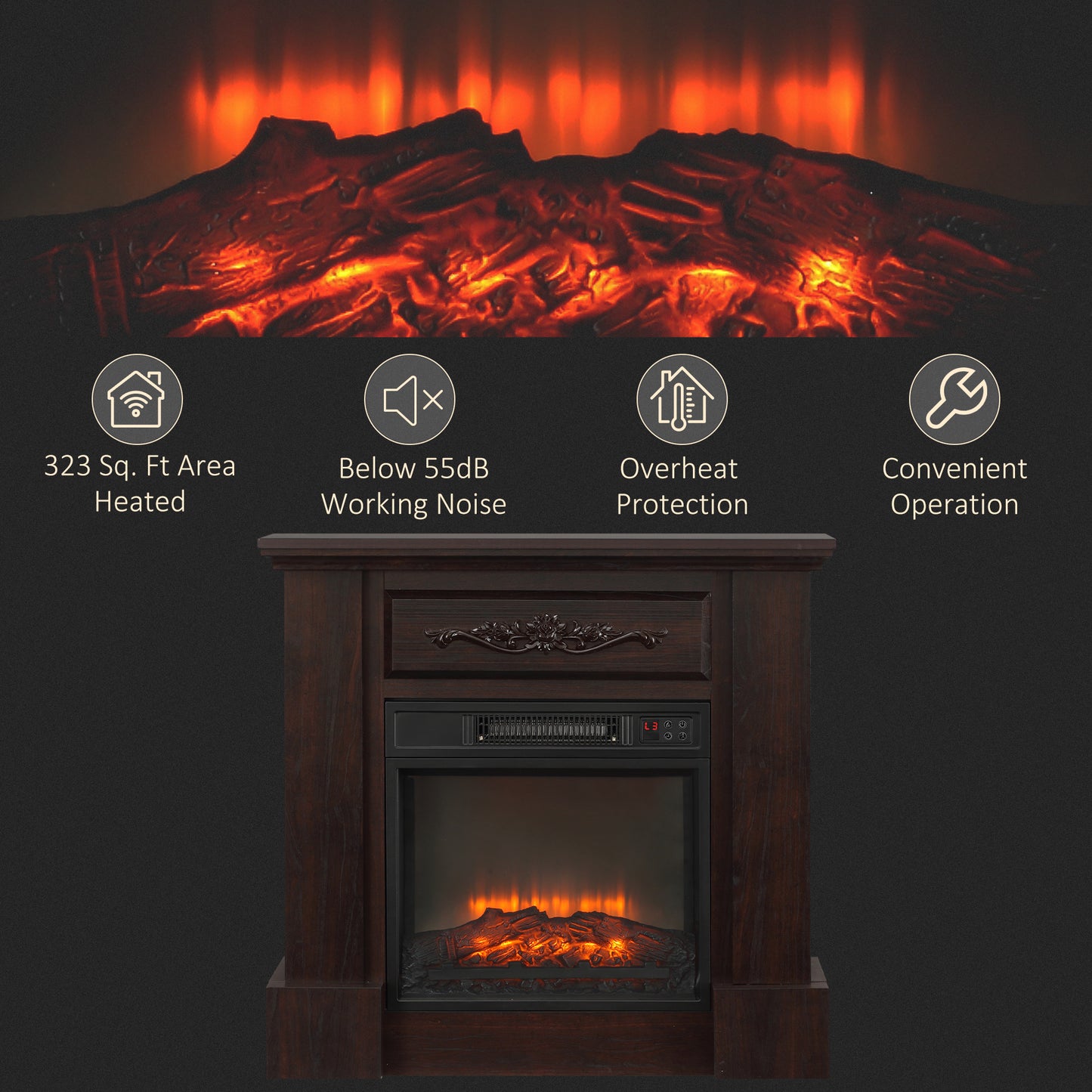 Dark wood electric fireplace with realistic flame effect and digital controls