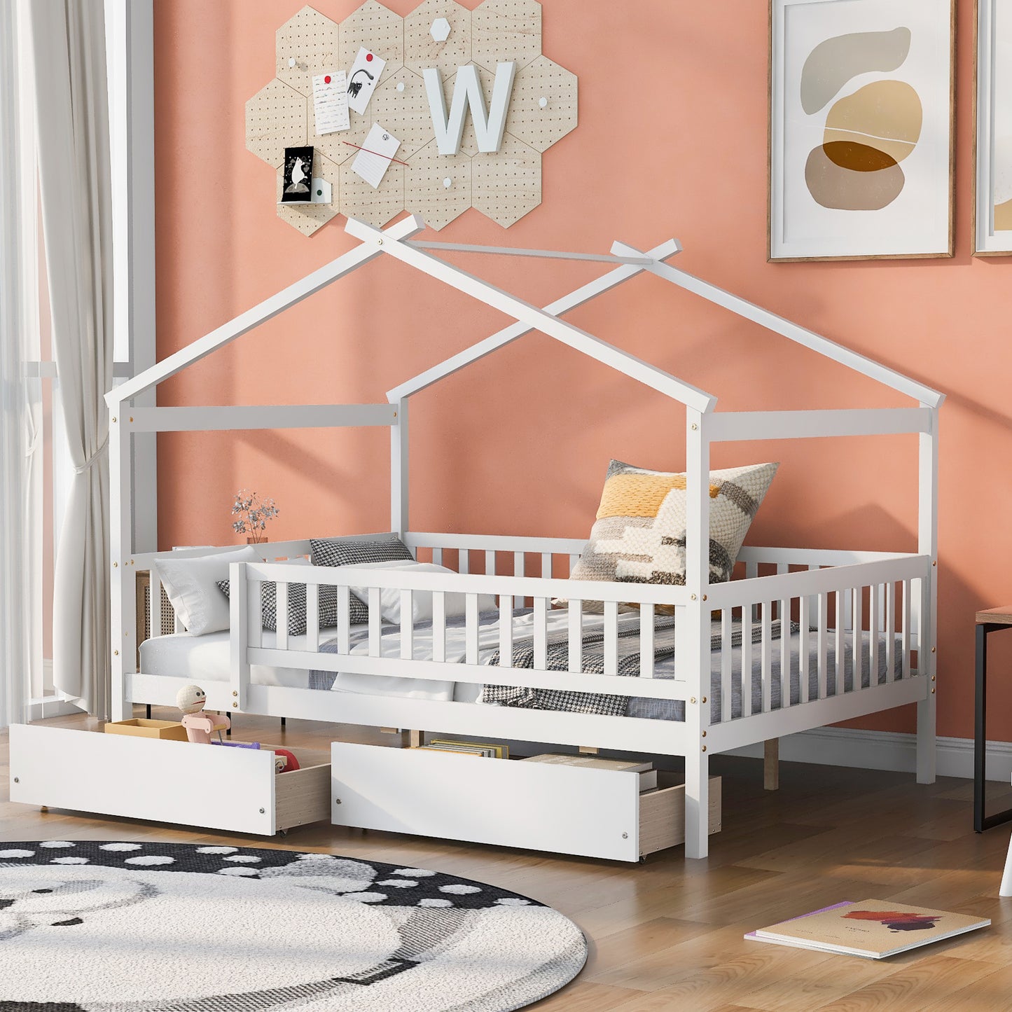 White wooden house bed frame with builtin storage drawers for kids