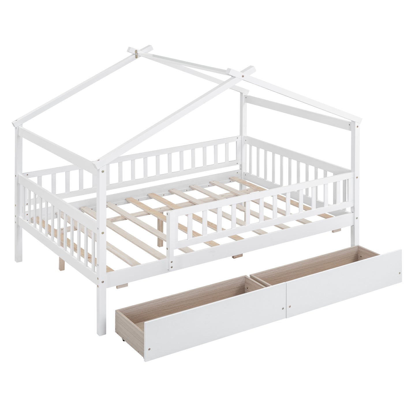 White wooden house frame bed with drawers
