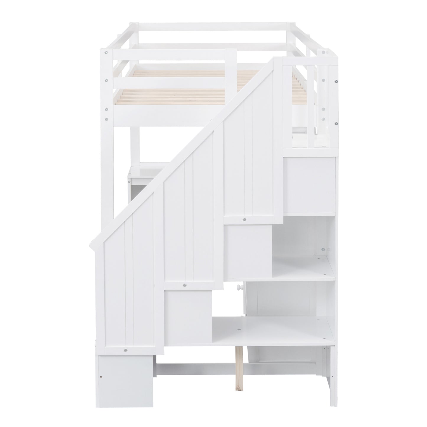 White wooden loft bed with integrated stairs and shelving