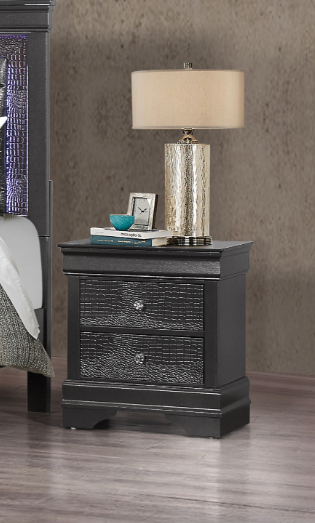 Black alligatorembossed nightstand with two crystalknob drawers
