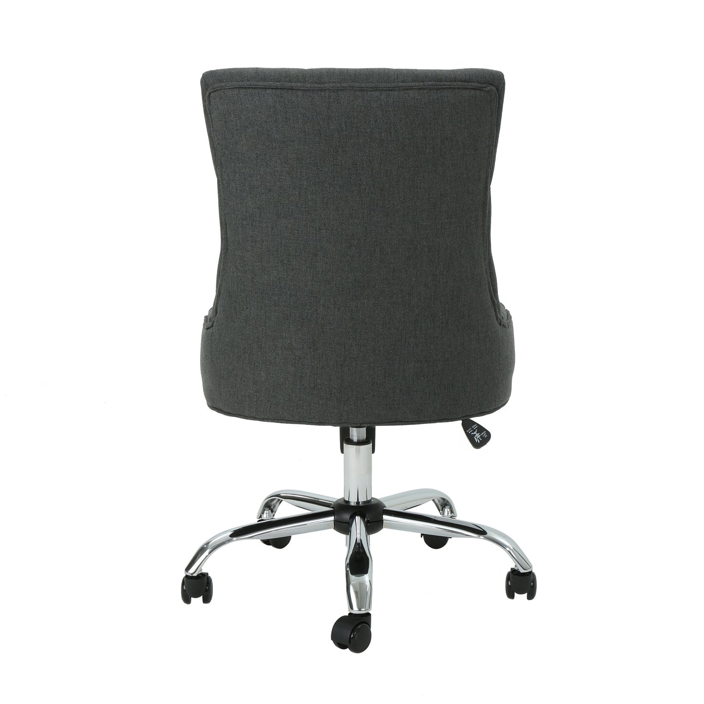 Dark gray upholstered office chair back view with a chrome base and wheels
