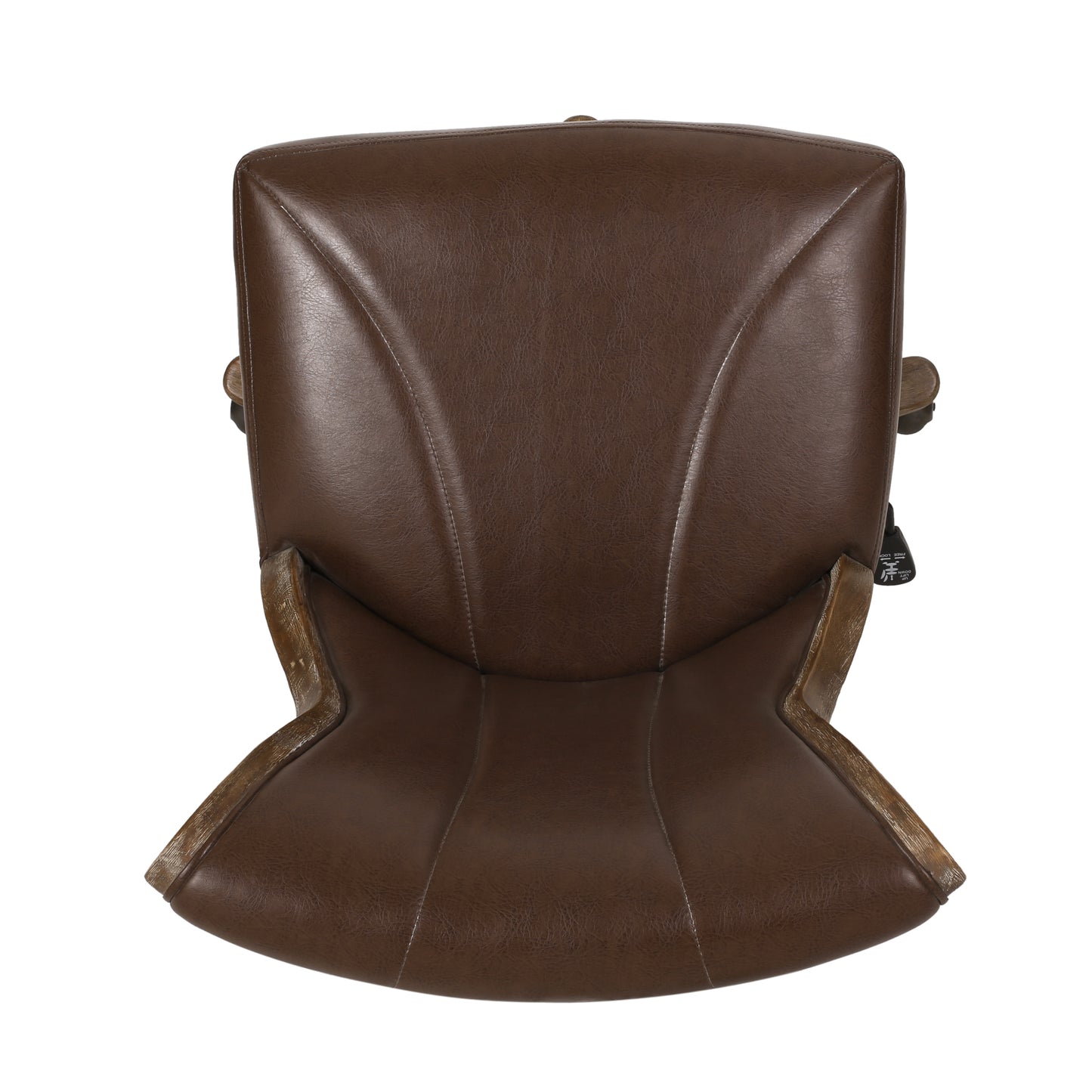 Brown leather executive chair with wooden accents and adjustable lever