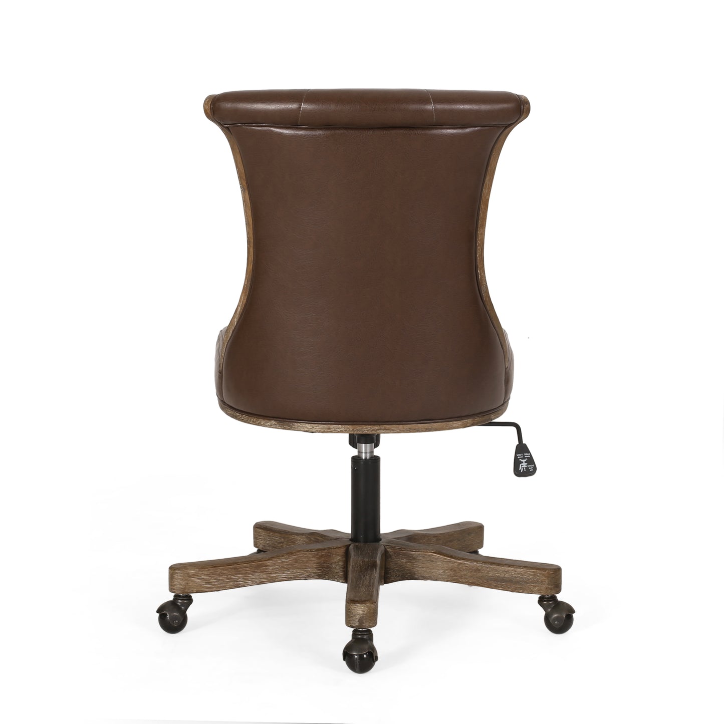 Brown leather executive desk chair with wooden base and casters