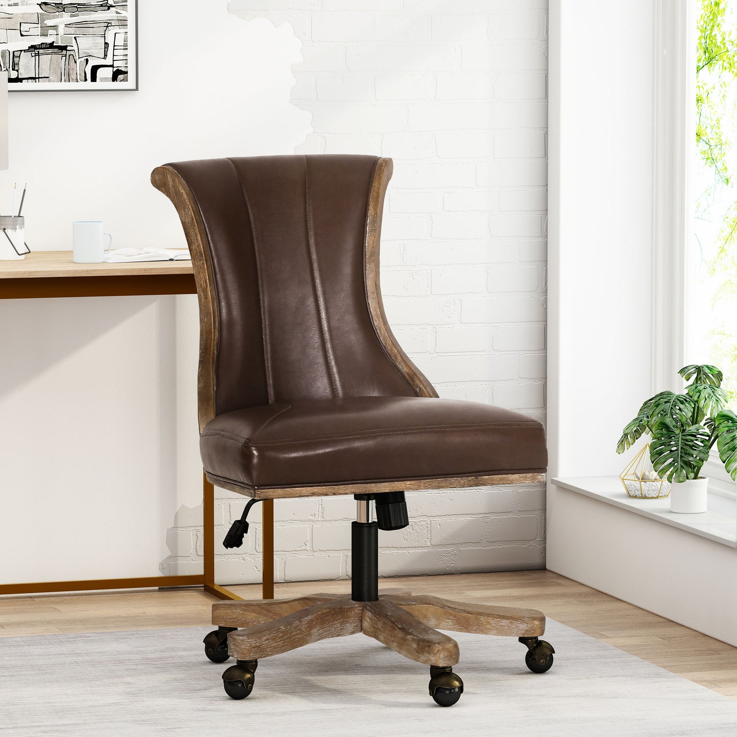 Brown leather executive office chair with rustic wood trim
