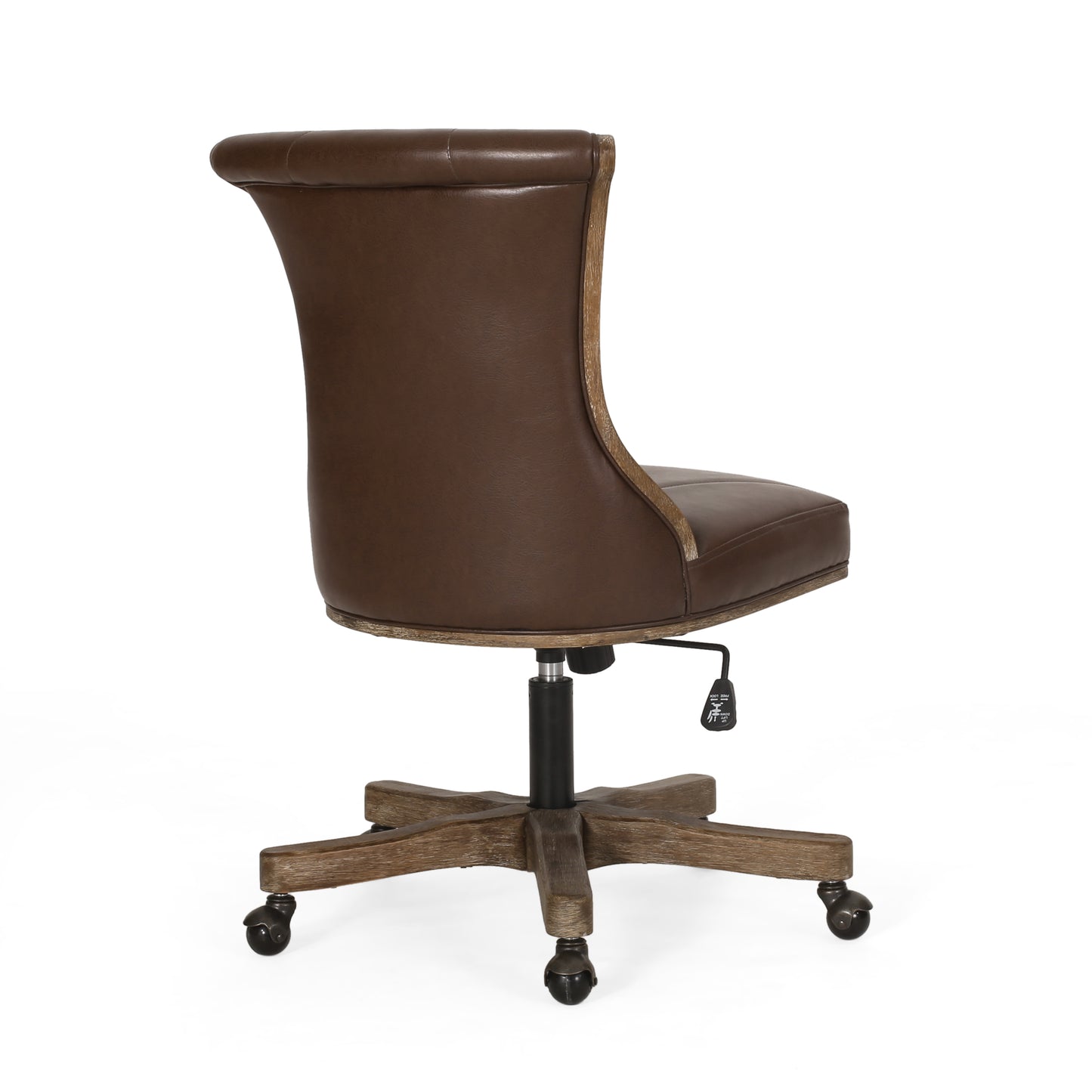 Brown leather executive office chair with distressed wood base and casters