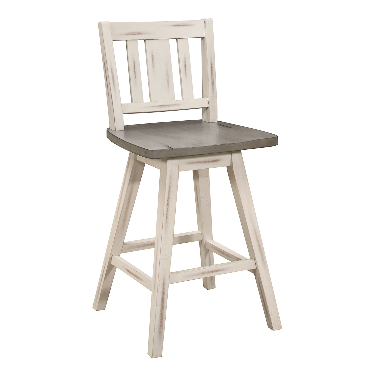 Distressed white and gray wood swivel bar stool with slatted back