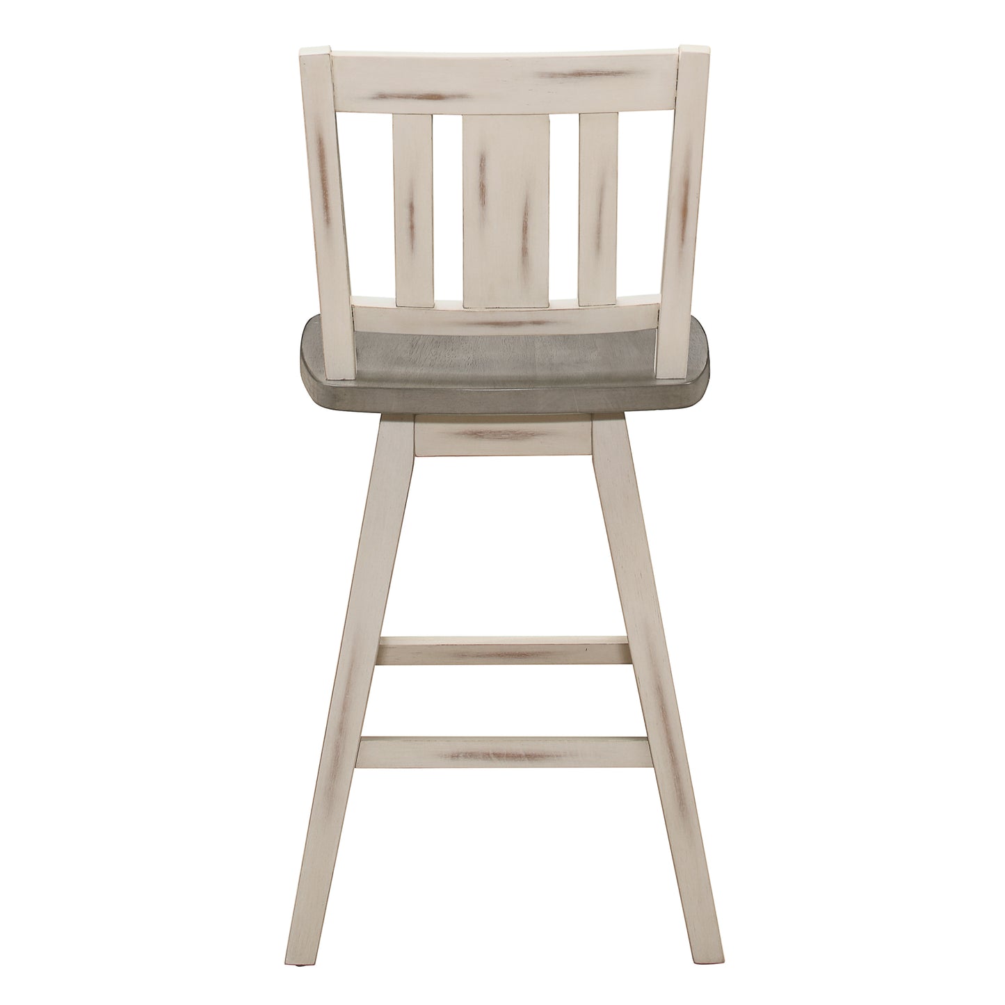 Distressed white wood swivel bar stool with gray upholstered seat