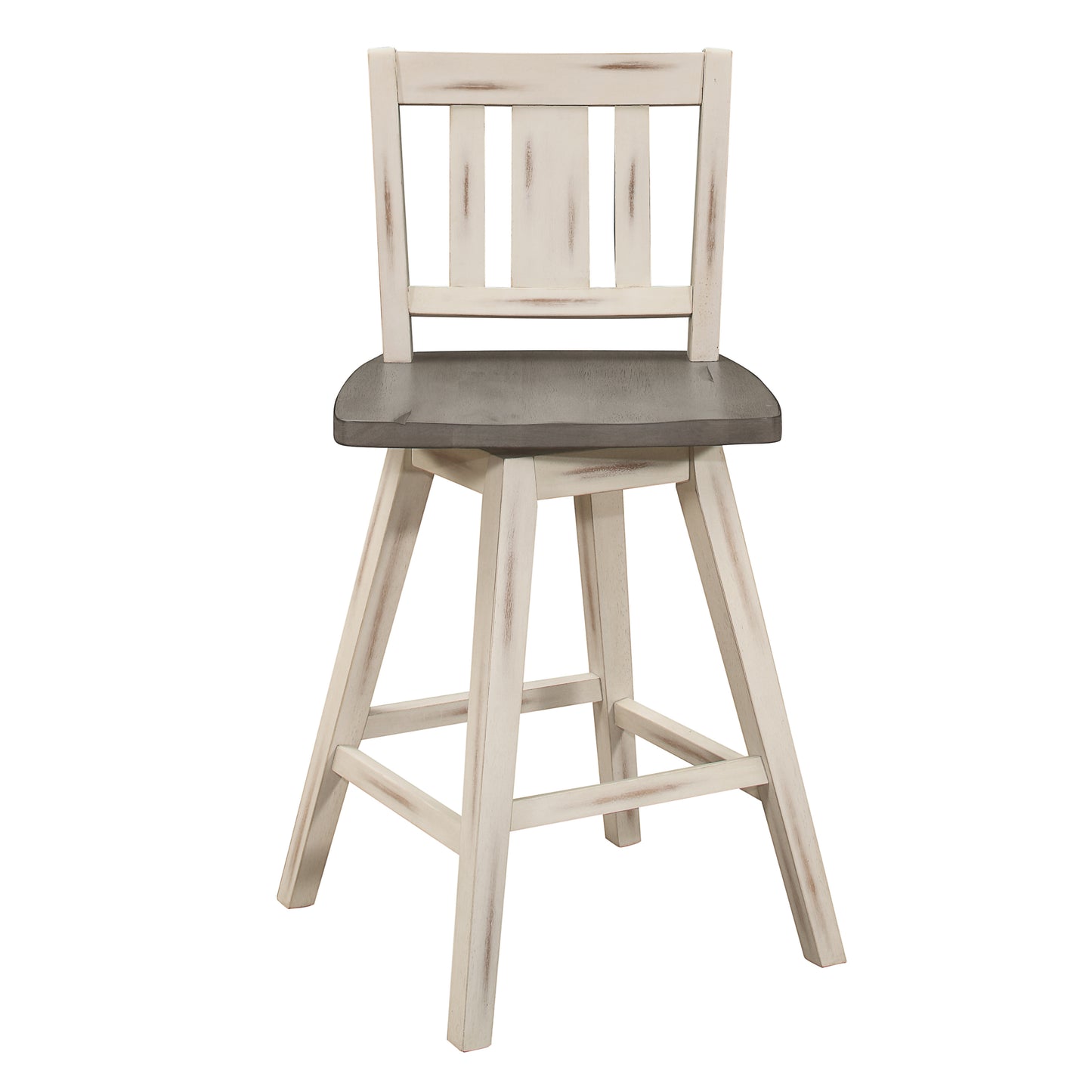 Distressed white wood bar stool with a charcoal gray swivel seat and slatted back