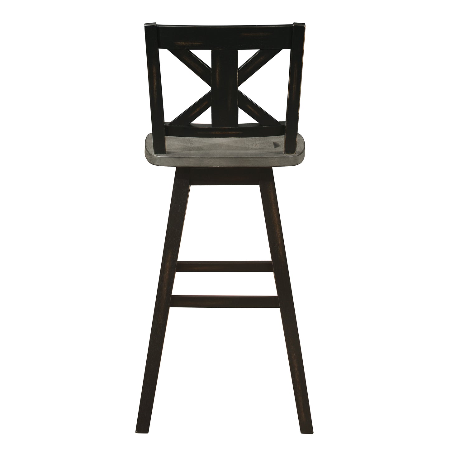 Black distressed wood bar stool with grey seat and Xback