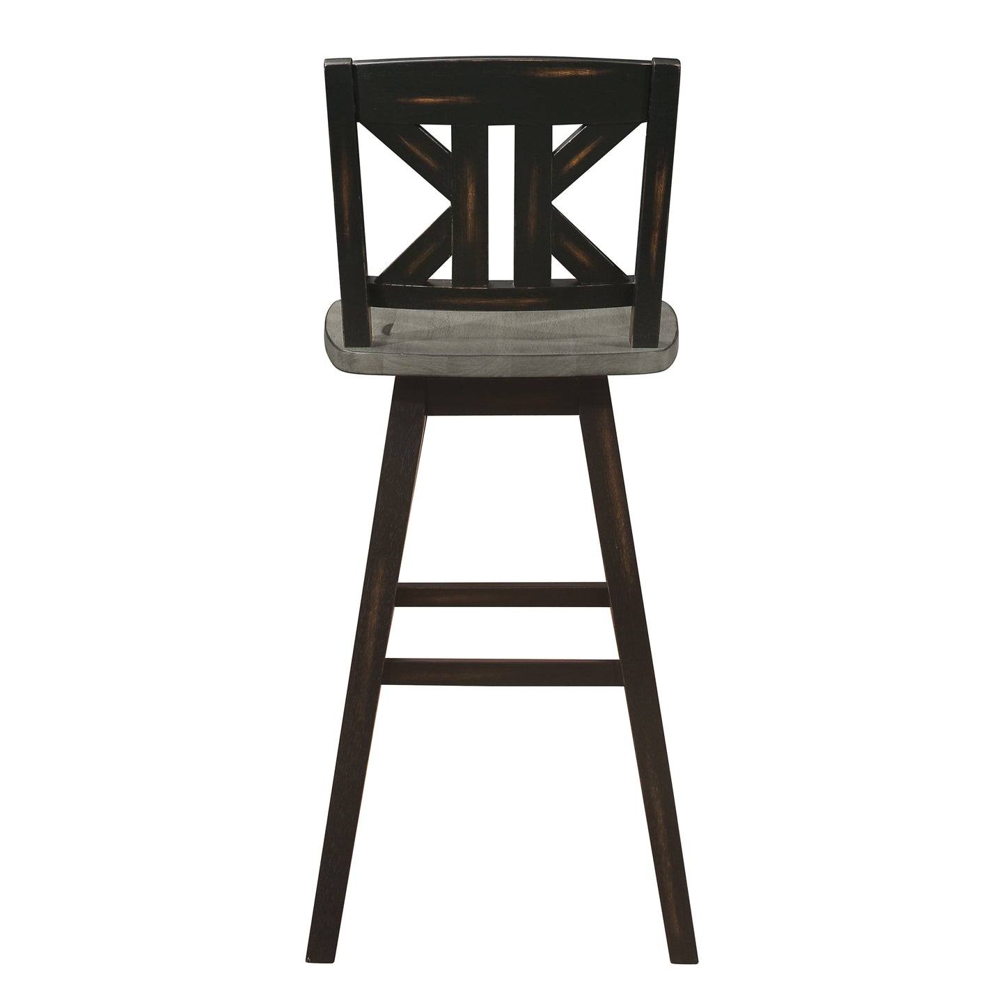 Swivel bar stool with distressed black wooden back and grey wood seat