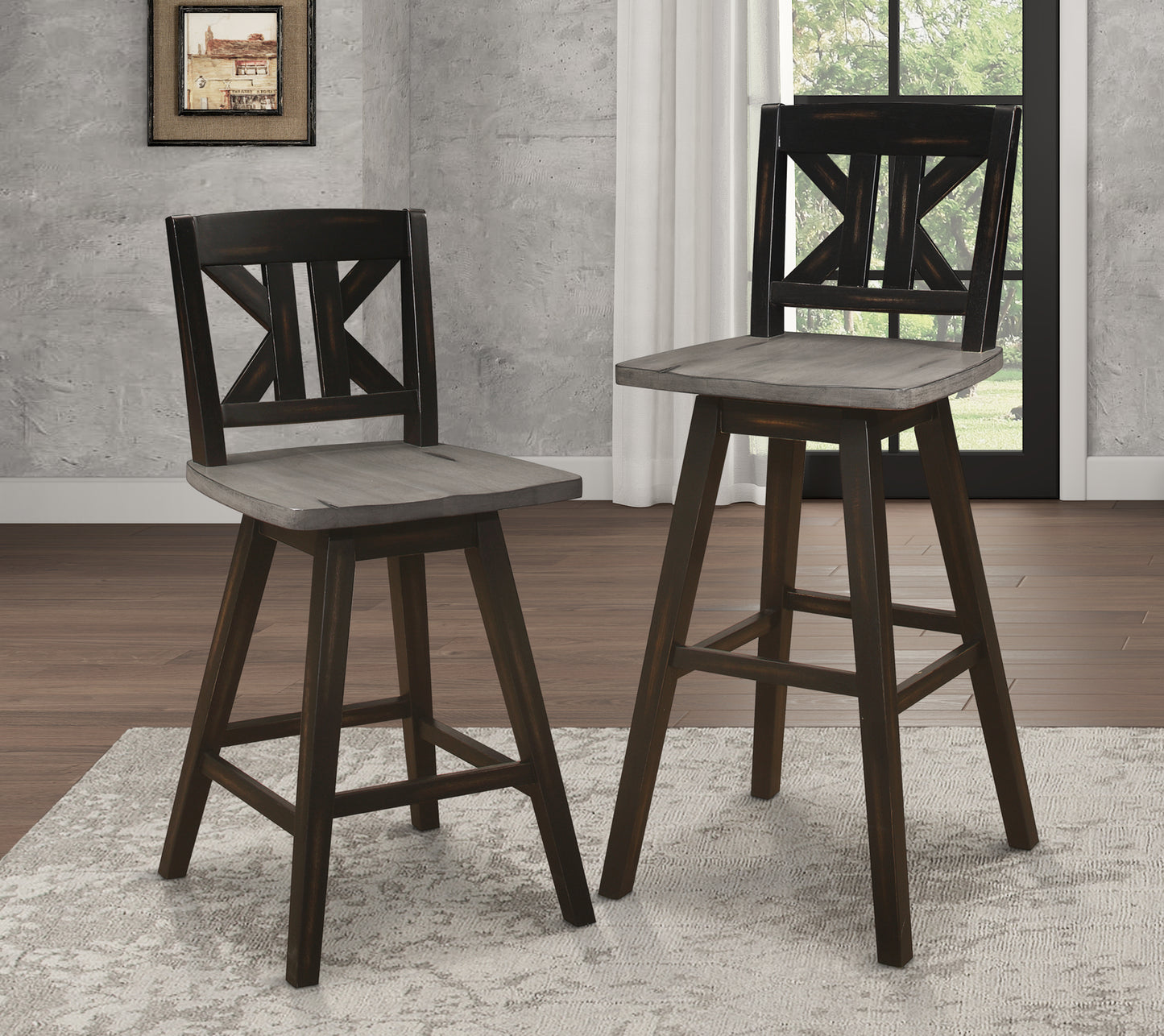 Two distressed dark wood and grey wood swivel bar stools with Xback design
