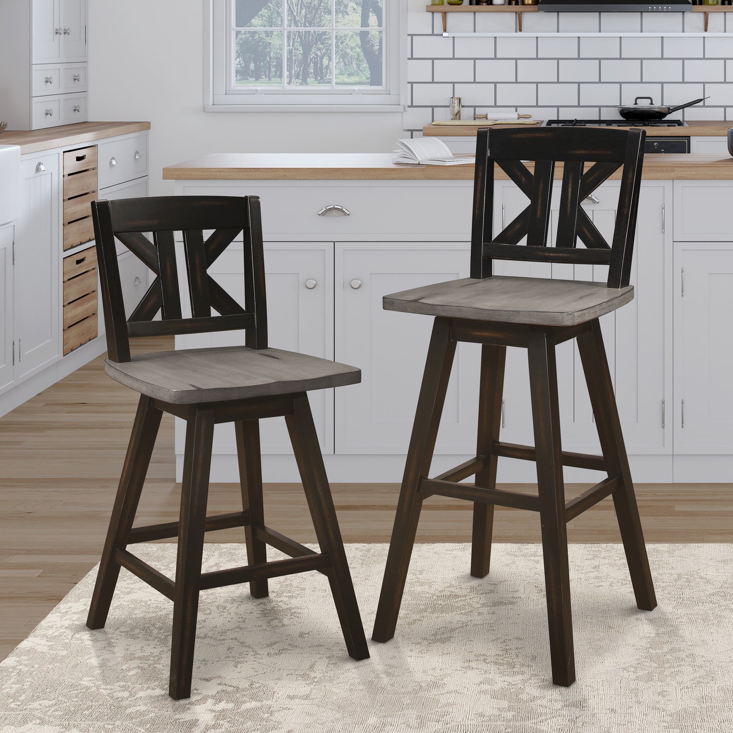 Distressed dark wood and grey swivel bar stool with Xback detail