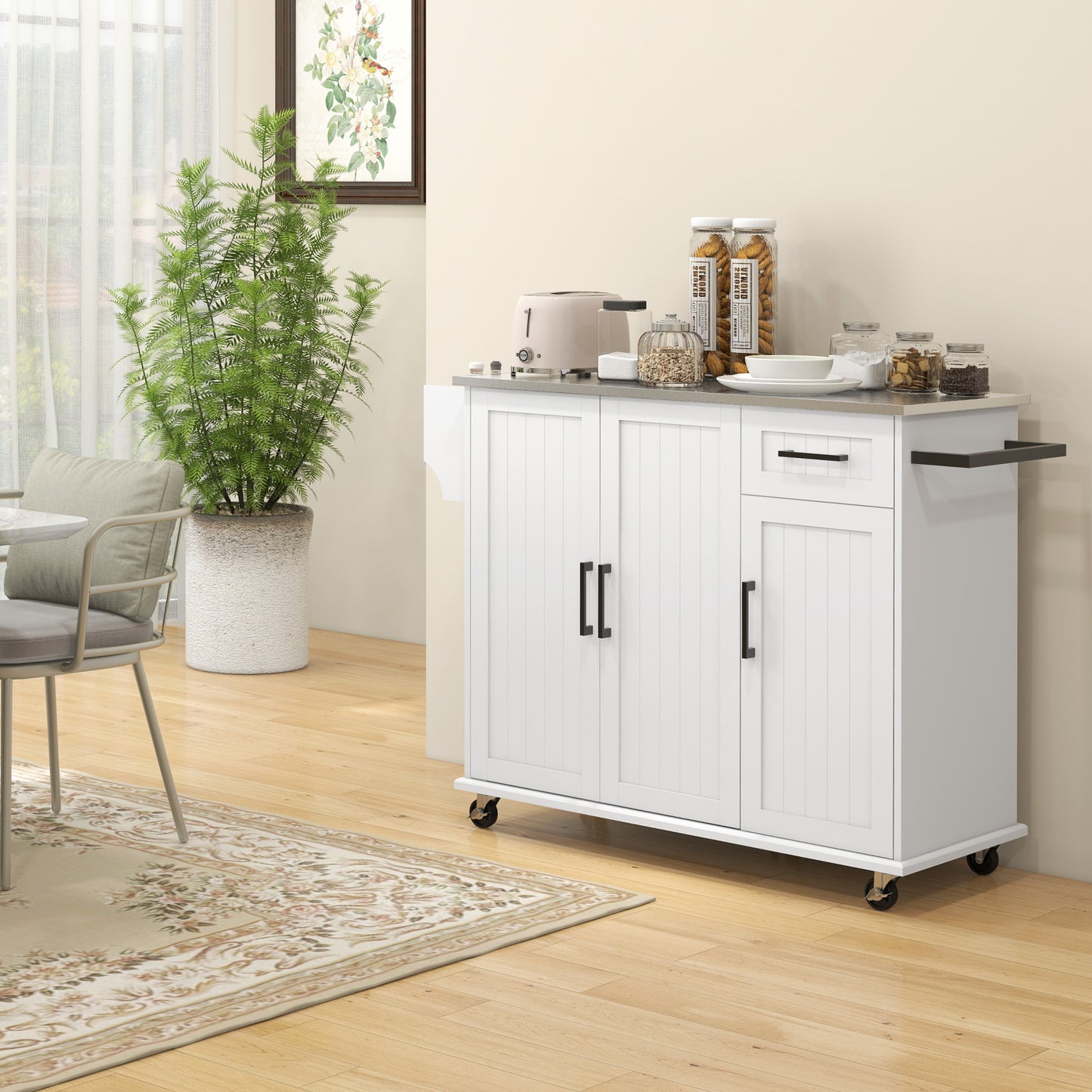 White kitchen cart with stainless steel top and storage