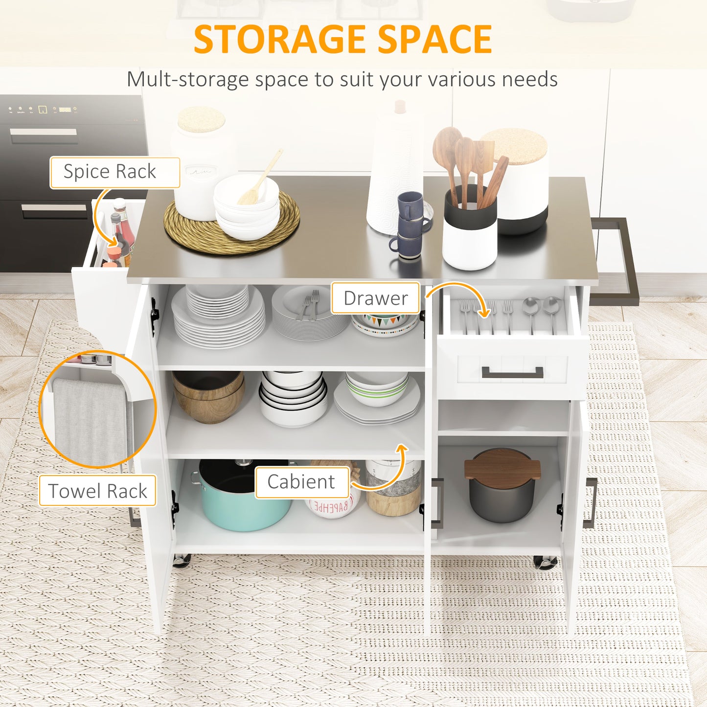 White kitchen island with stainless steel top spice rack and storage cabinets