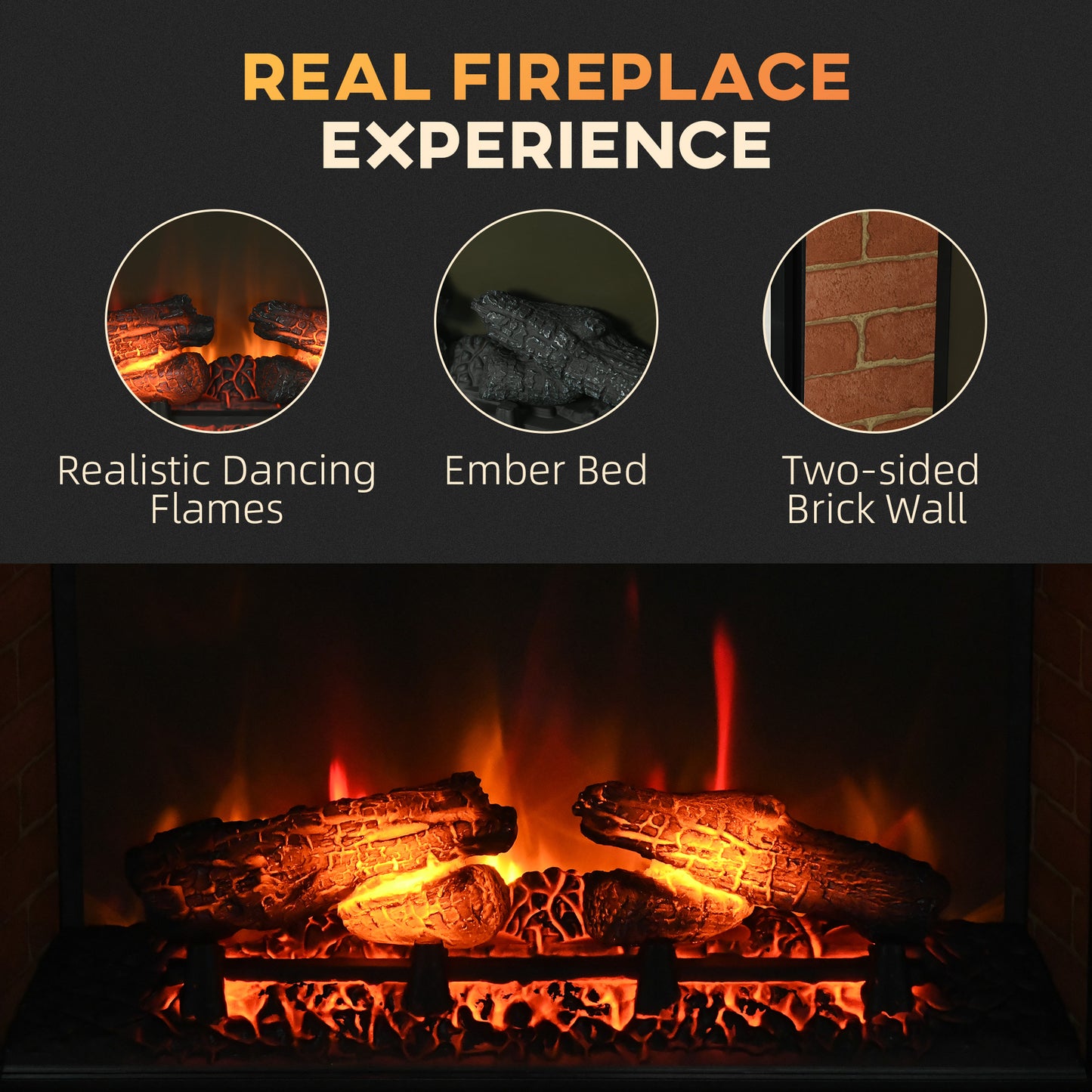 Realistic electric fireplace with dancing flames and glowing ember bed
