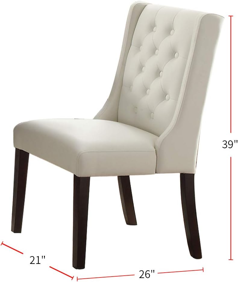 Cream upholstered dining chair with tufted back and dark wood legs