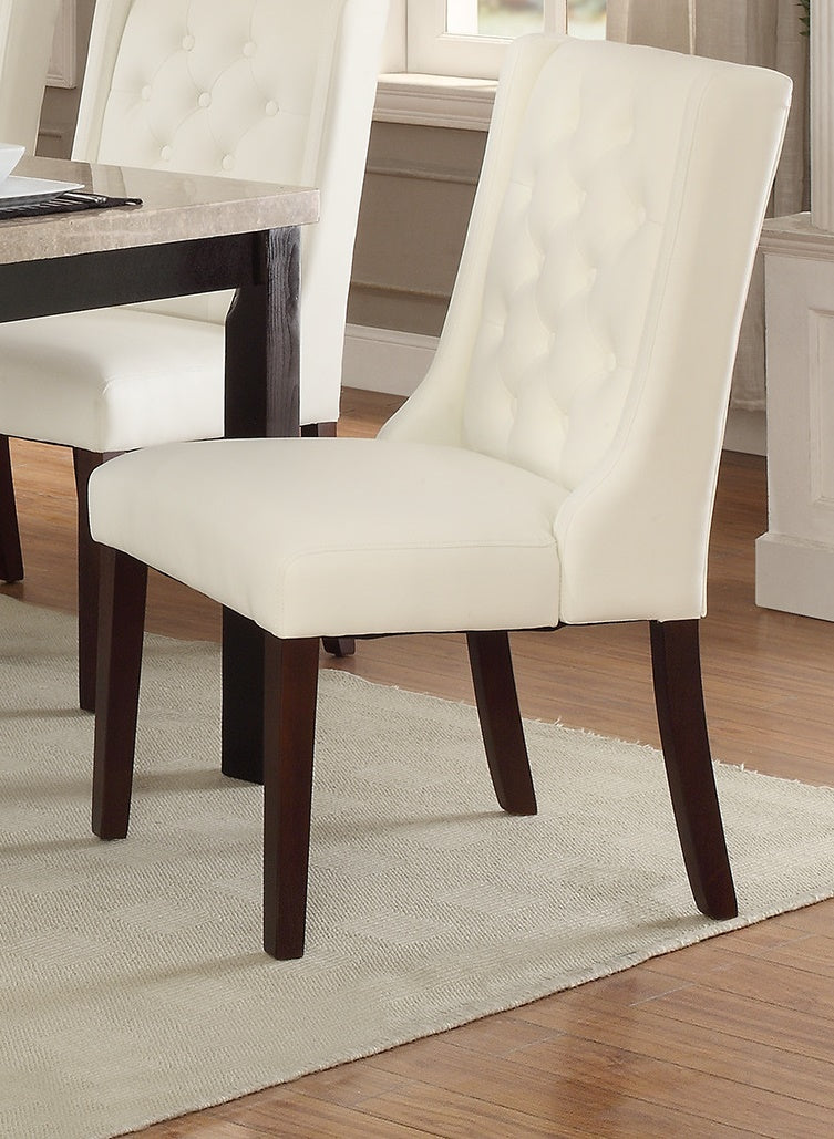 Cream tufted dining chair with dark wood legs and a padded seat