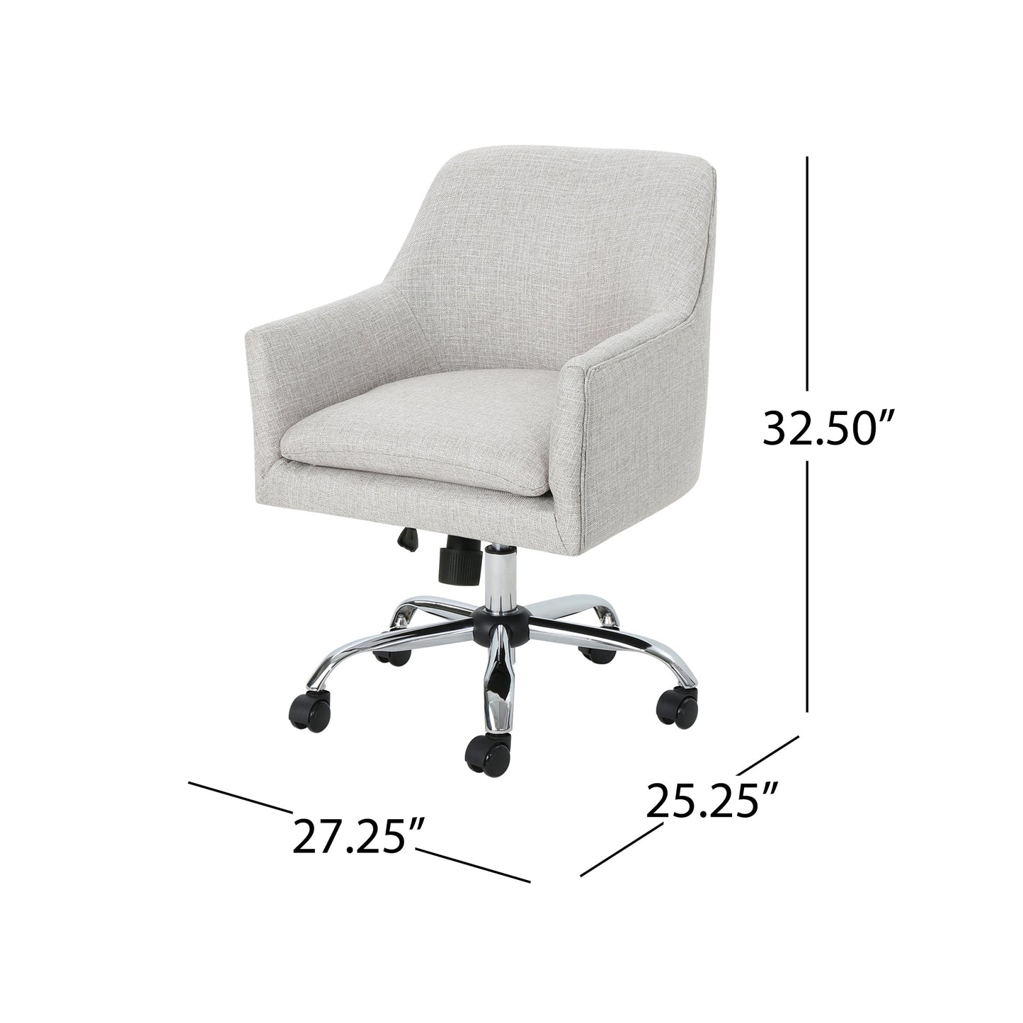 Light gray fabric office chair with chrome base and wheels