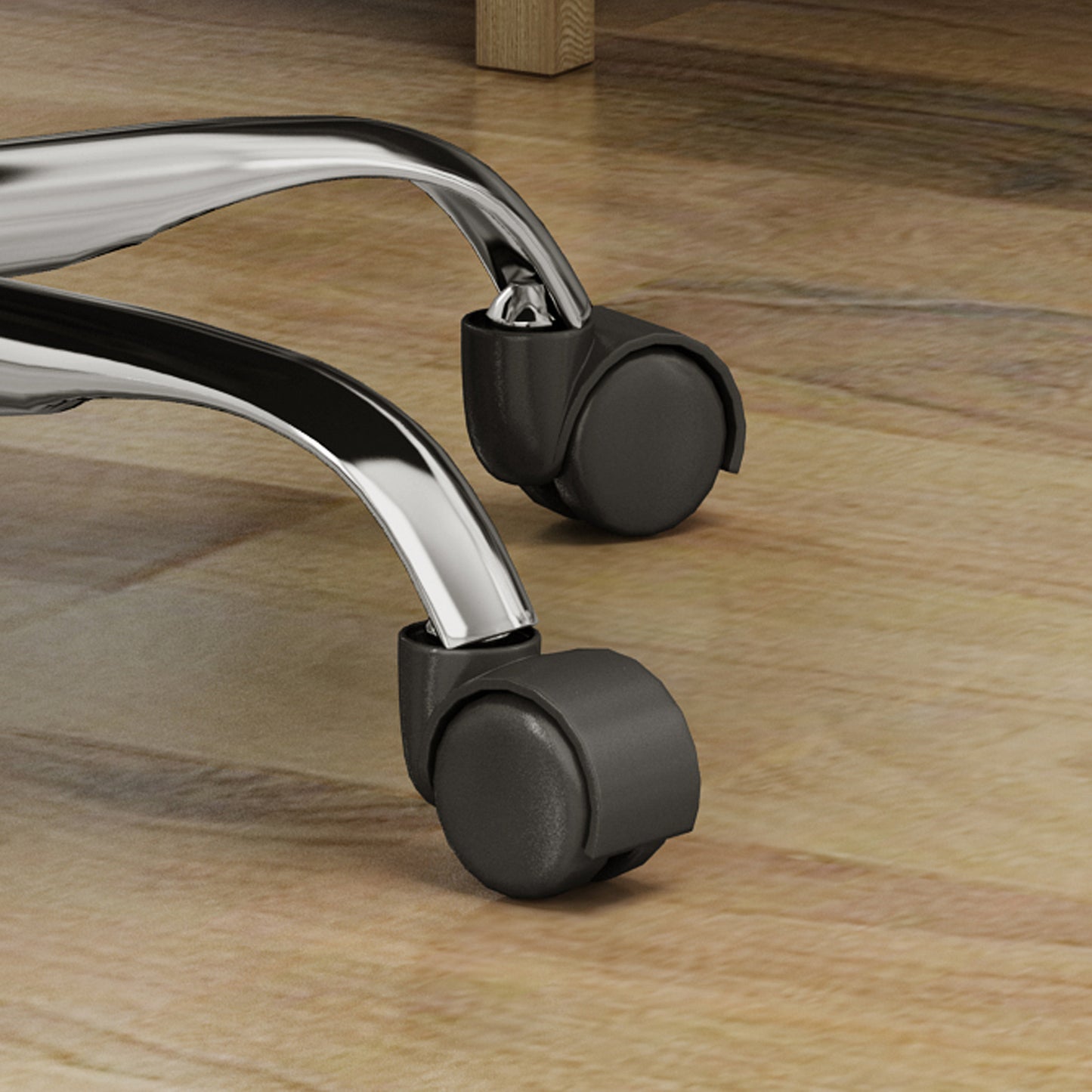 Closeup of office chair casters on wood floor