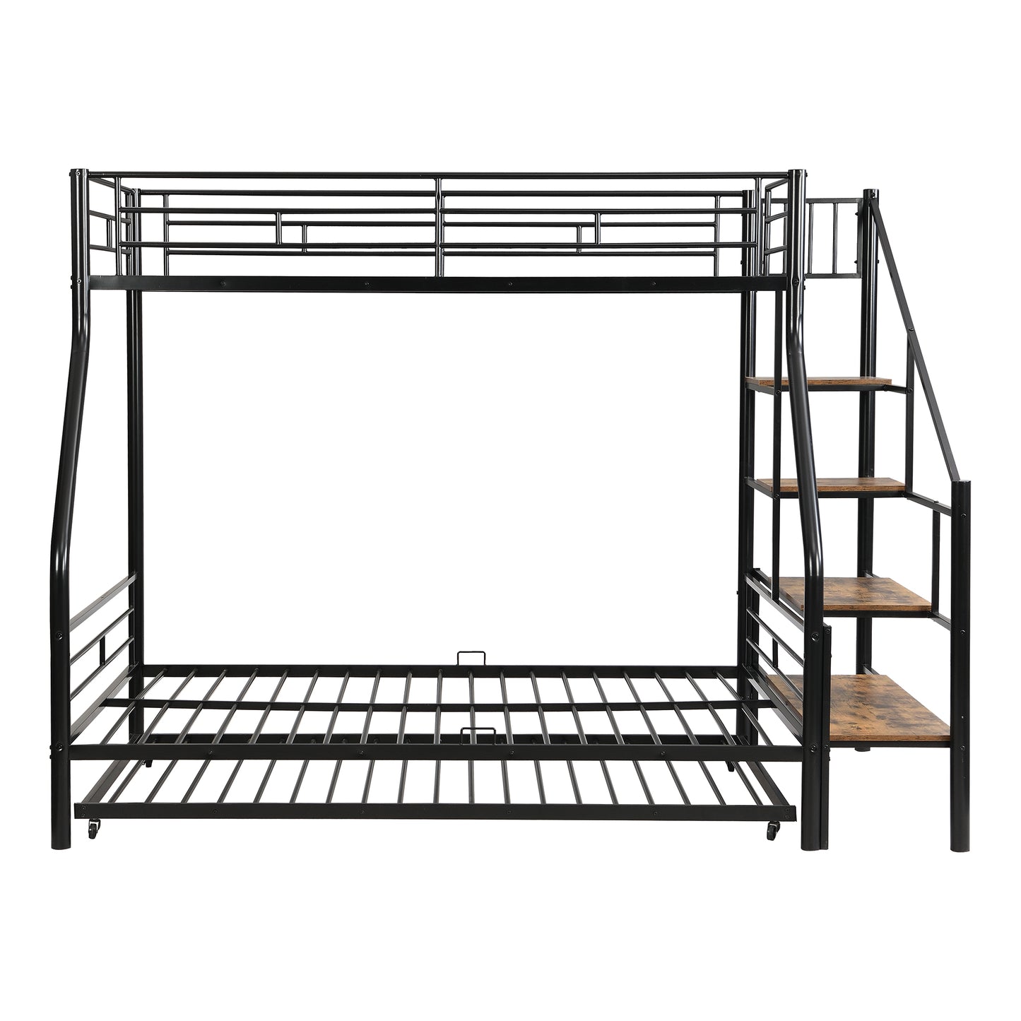 Black metal bunk bed with stairs and wooden steps
