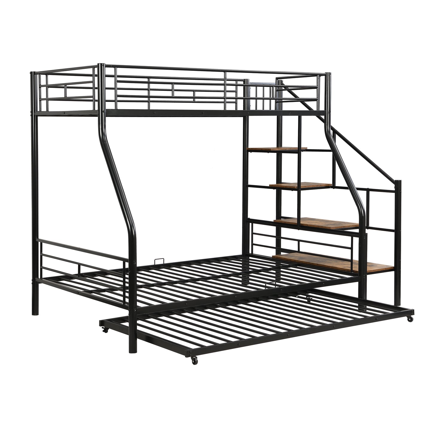 Black metal triple bunk bed with stairs and pullout trundle