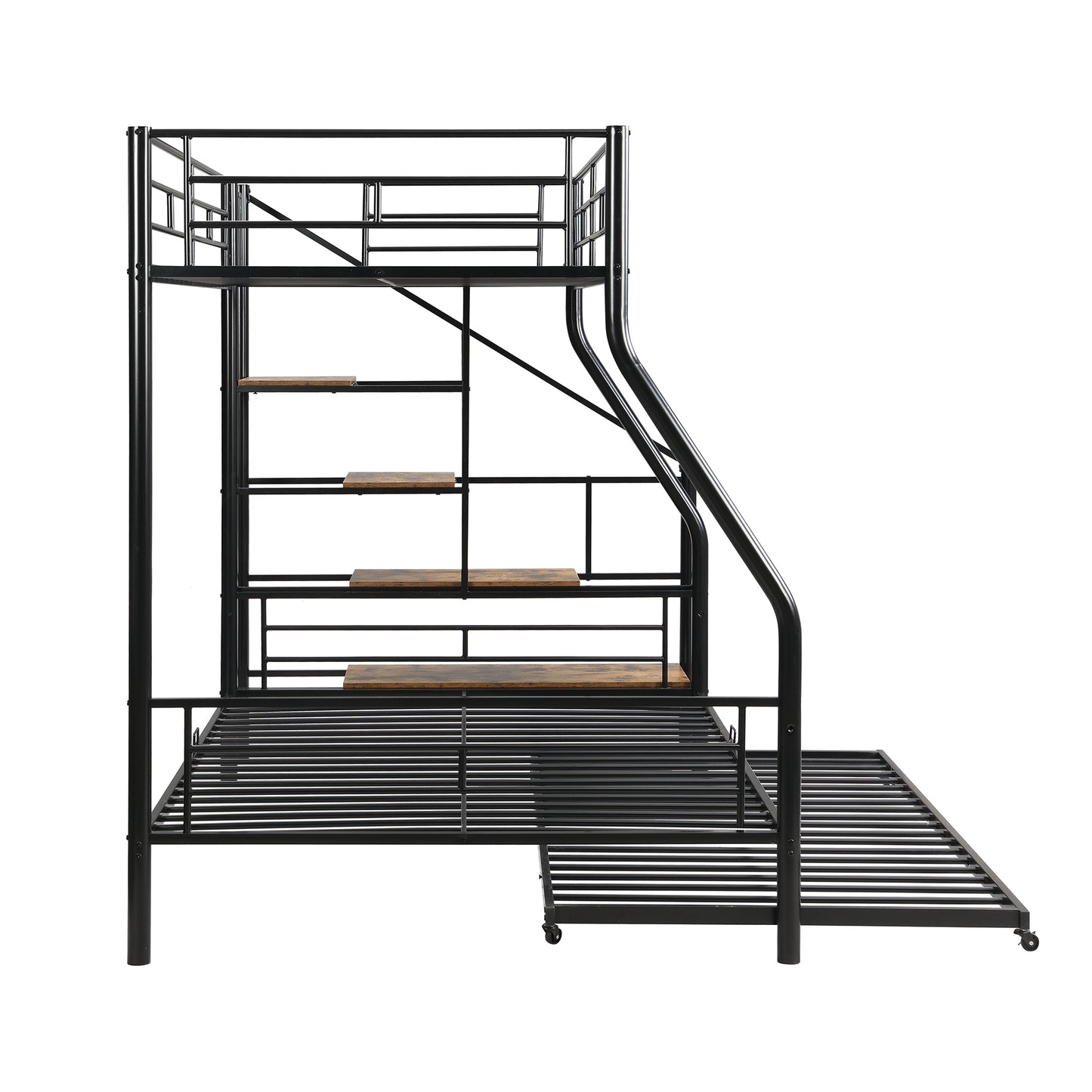 Black metal triple bunk bed with integrated wooden shelves and a pullout trundle