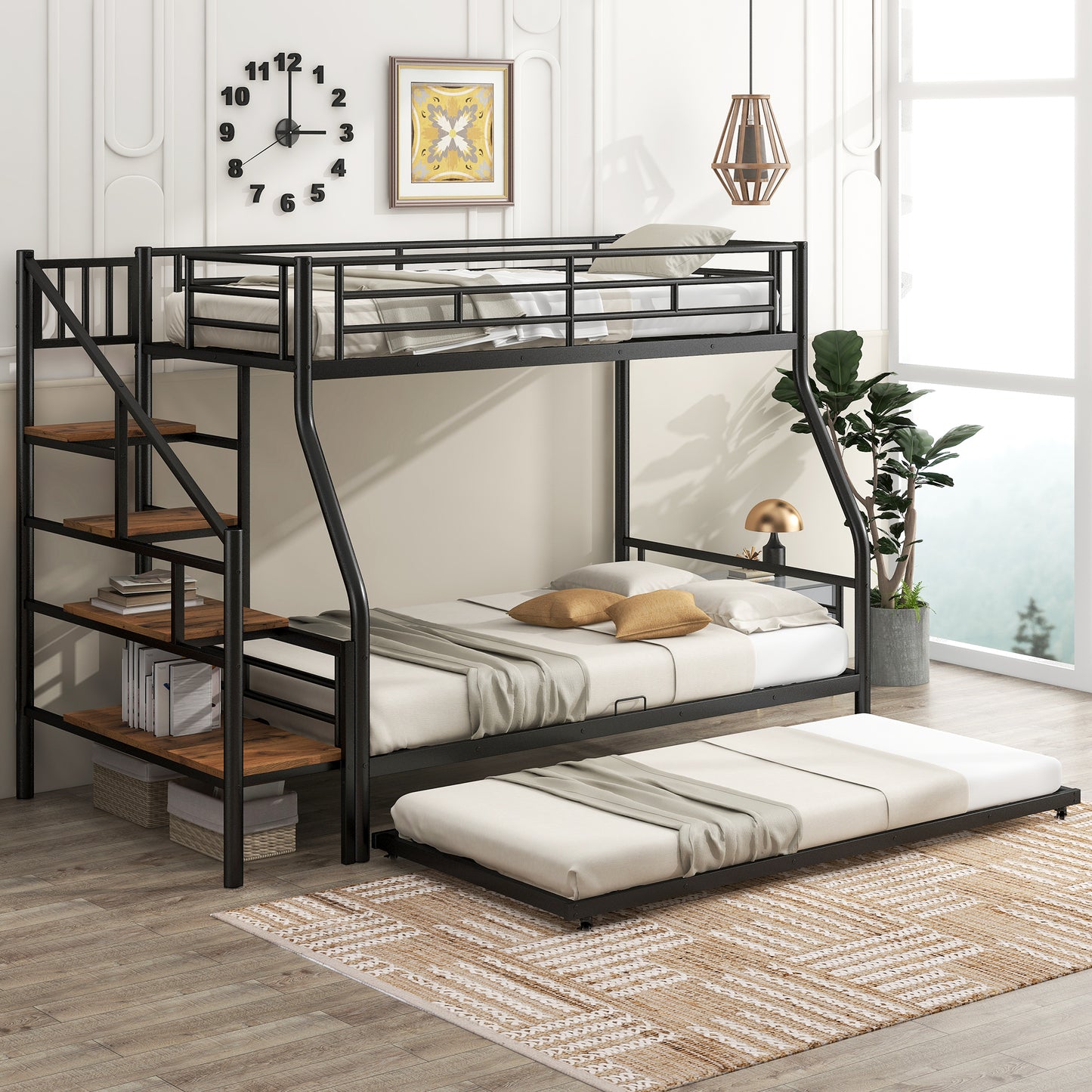Black metal triple bunk bed with stairs and attached shelves