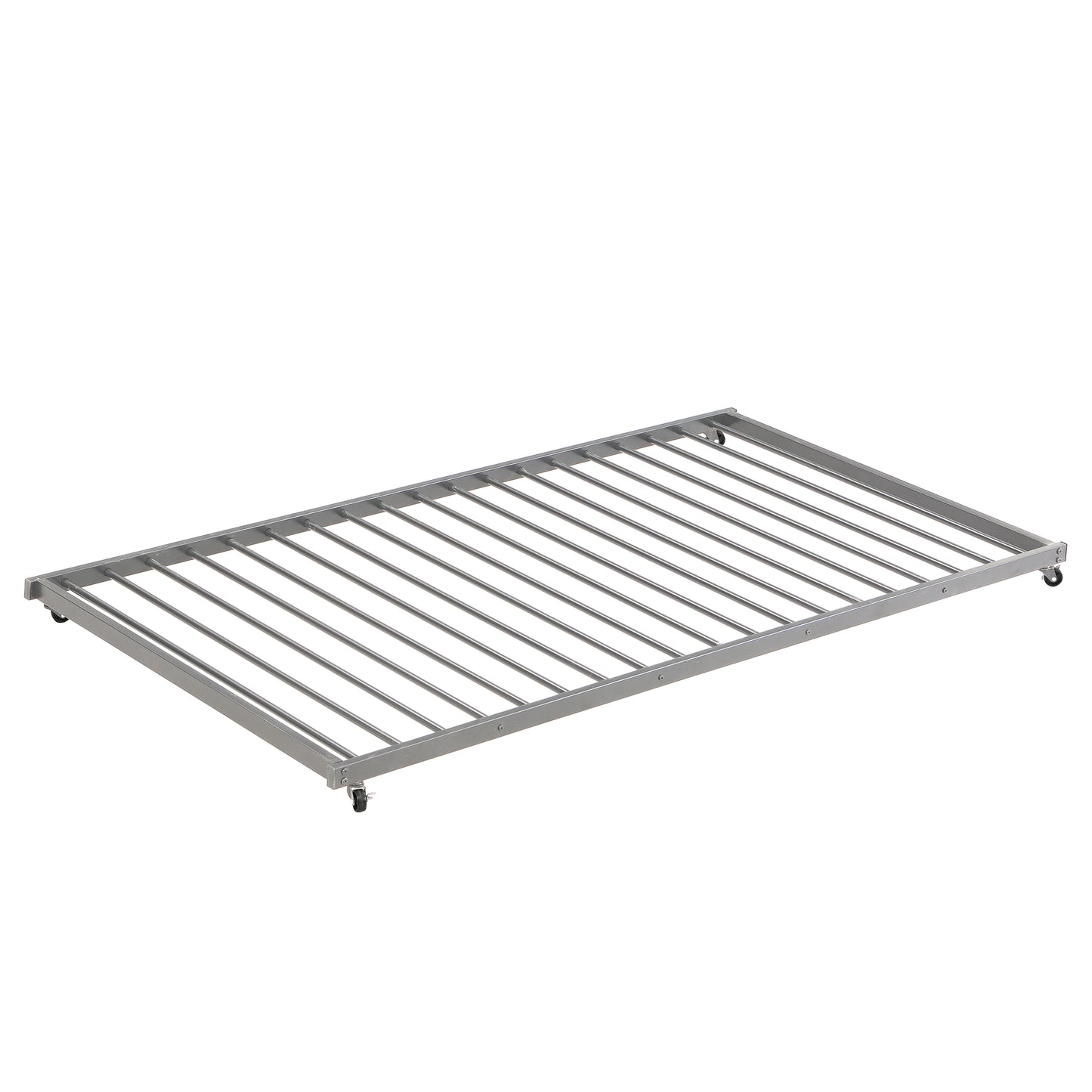 Silver metal bed frame with slats and casters
