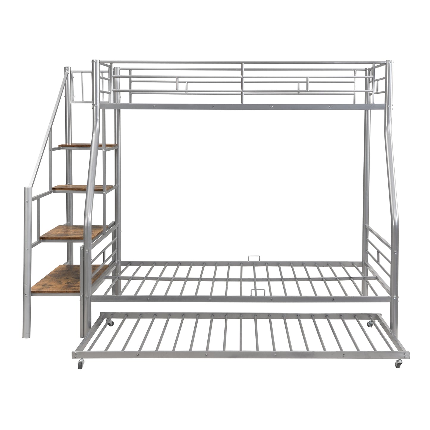 Silver metal triple bunk bed with stairs and pullout trundle