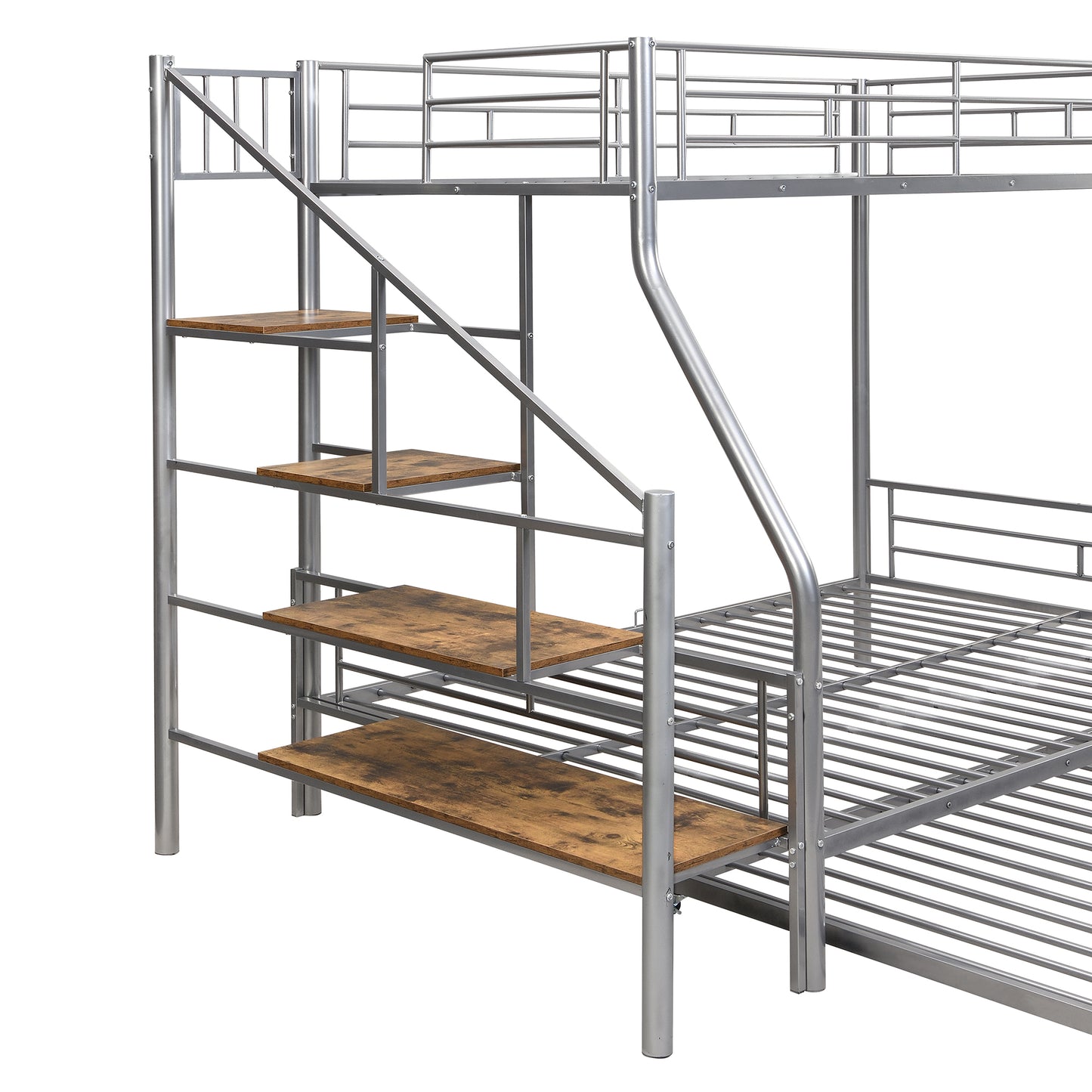 Silver metal bunk bed with wooden steps and guardrails