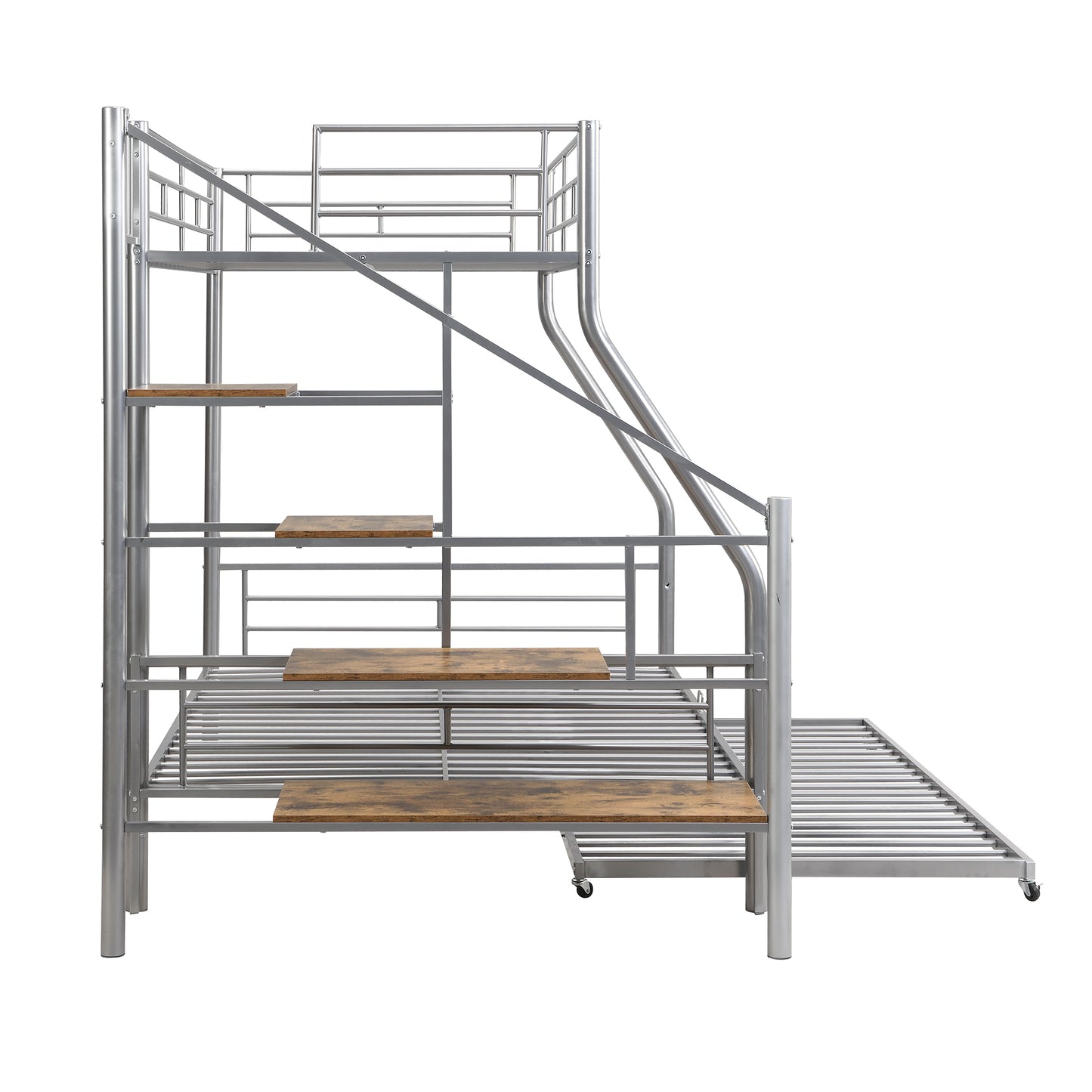 Silver metal bunk bed with wooden steps and a slideout trundle