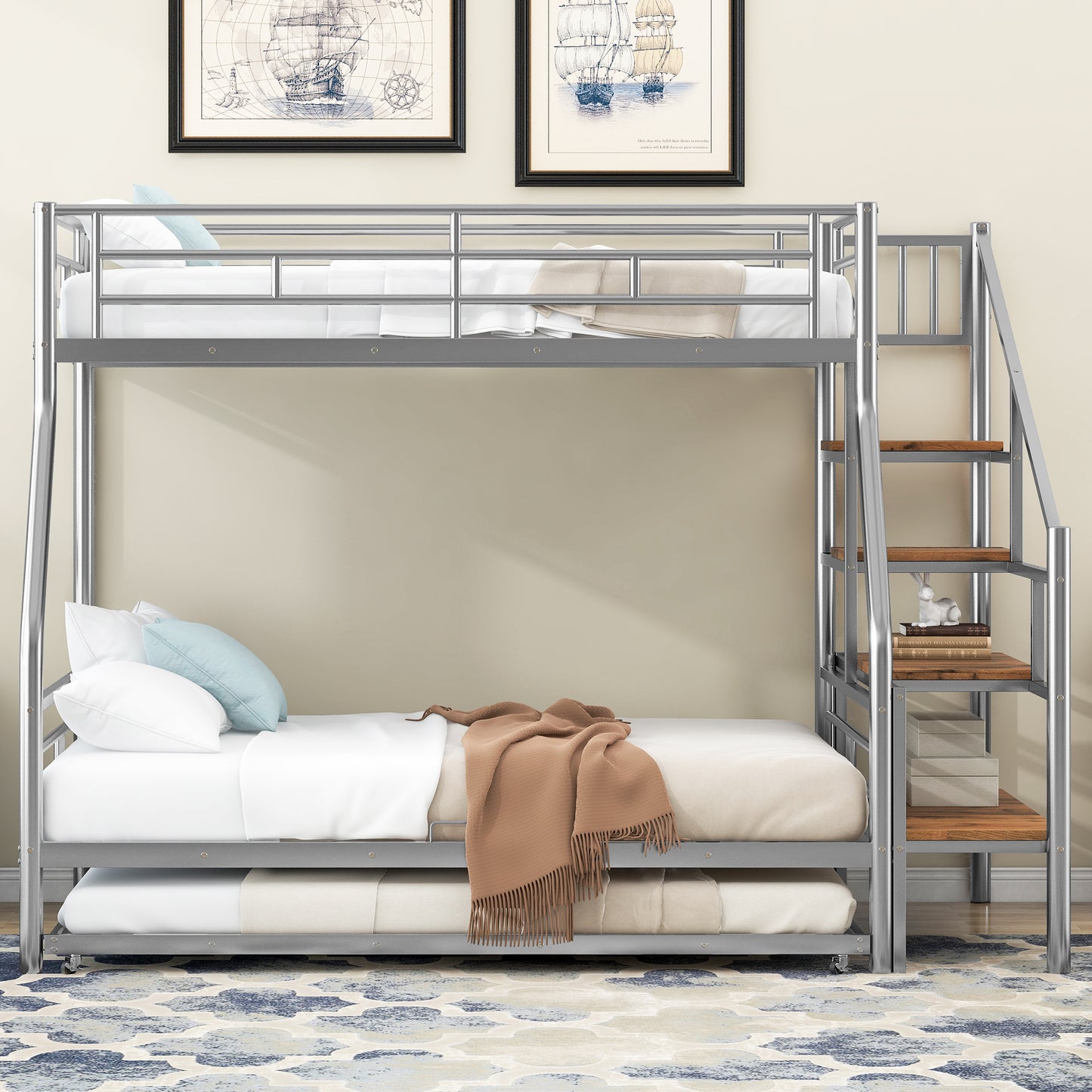 Silver metal triple bunk bed with pullout trundle and wooden shelves