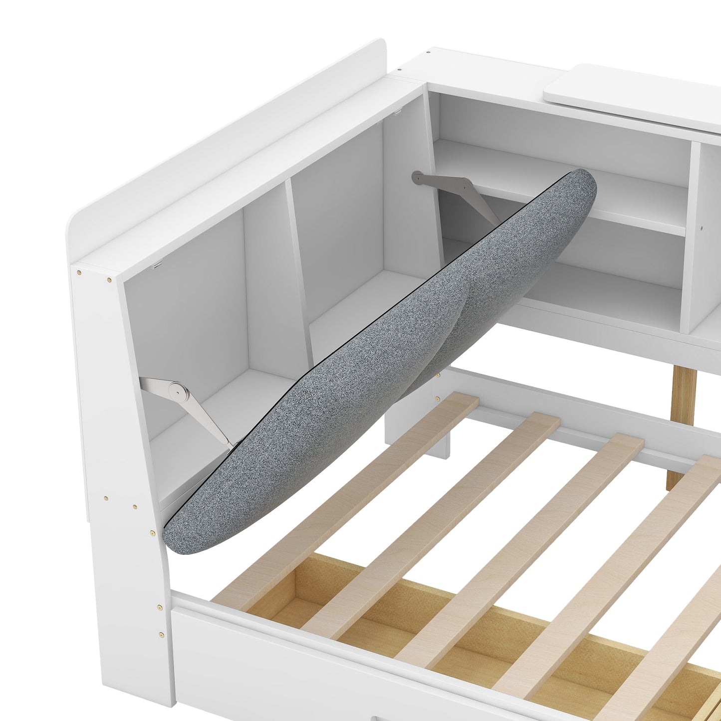 White wooden bunk bed frame with grey upholstered seat
