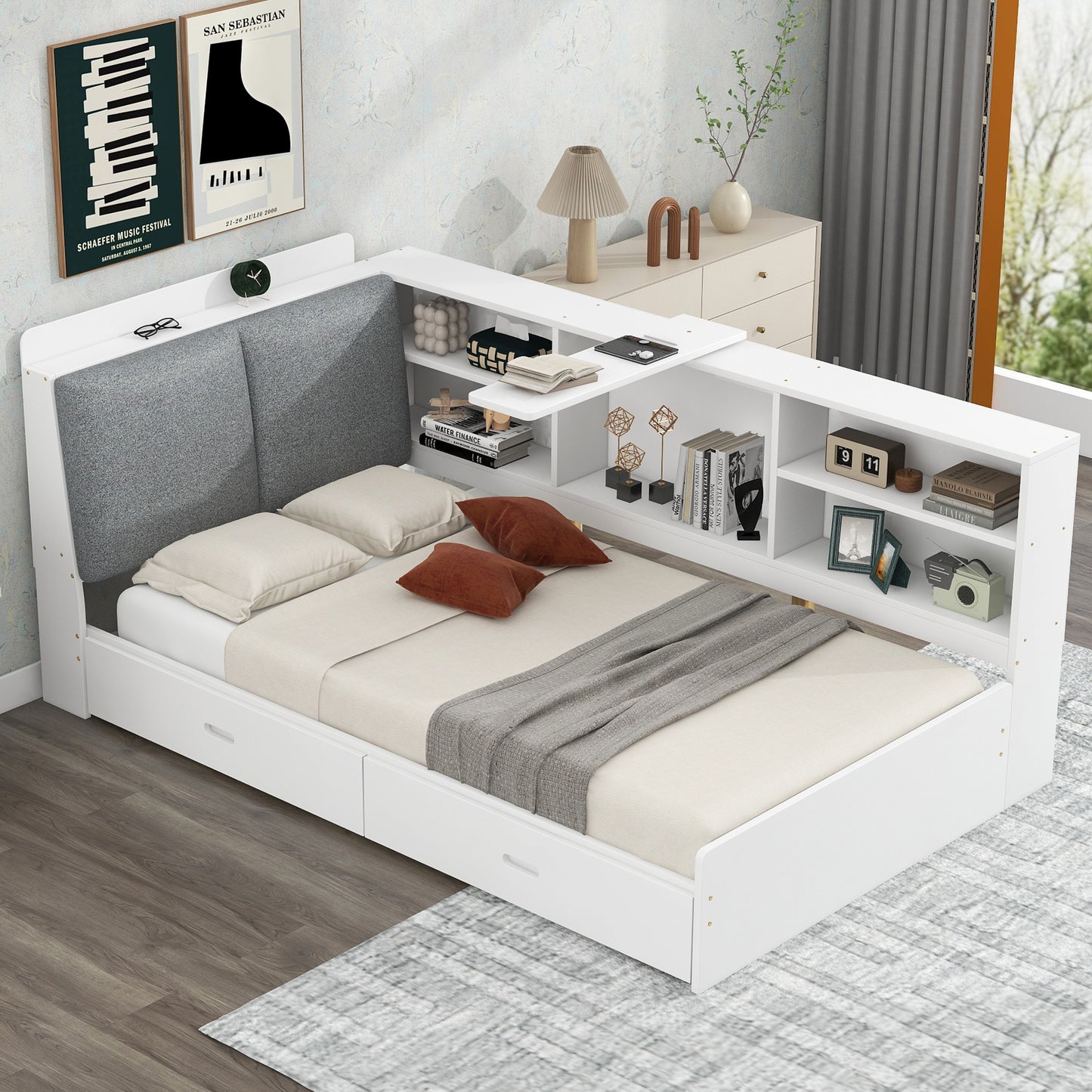 Modern white twin bed with builtin grey upholstered headboard and storage shelves