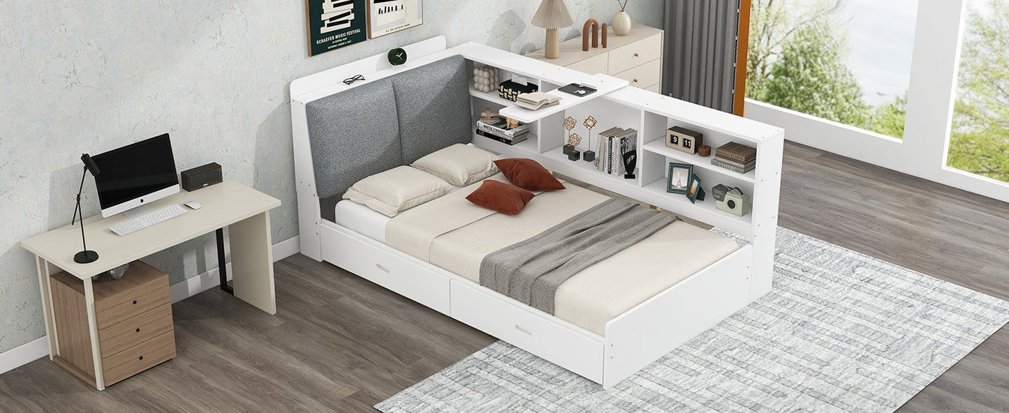 White twin bed with builtin bookshelf headboard