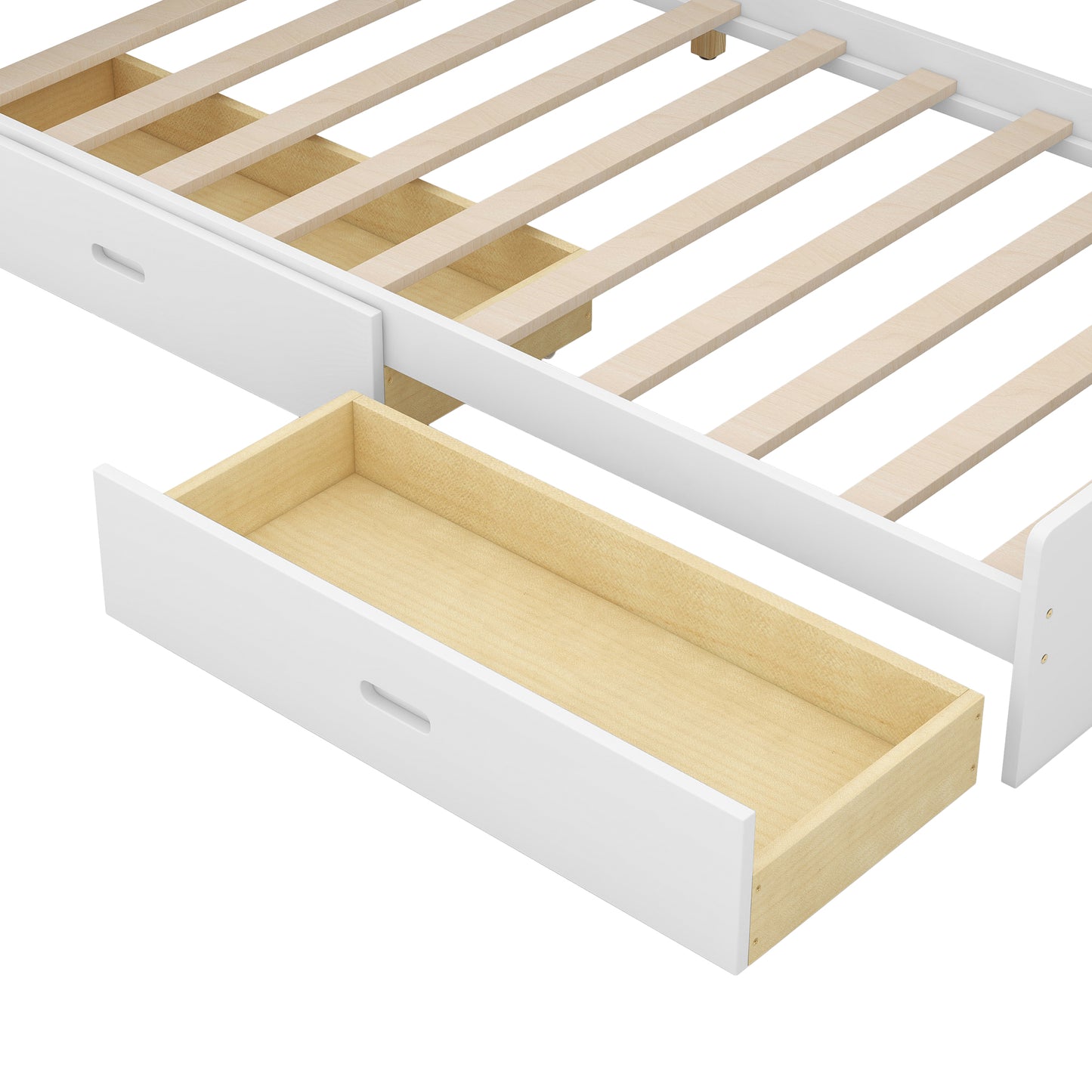 White wooden bed frame with integrated storage drawers and slat base
