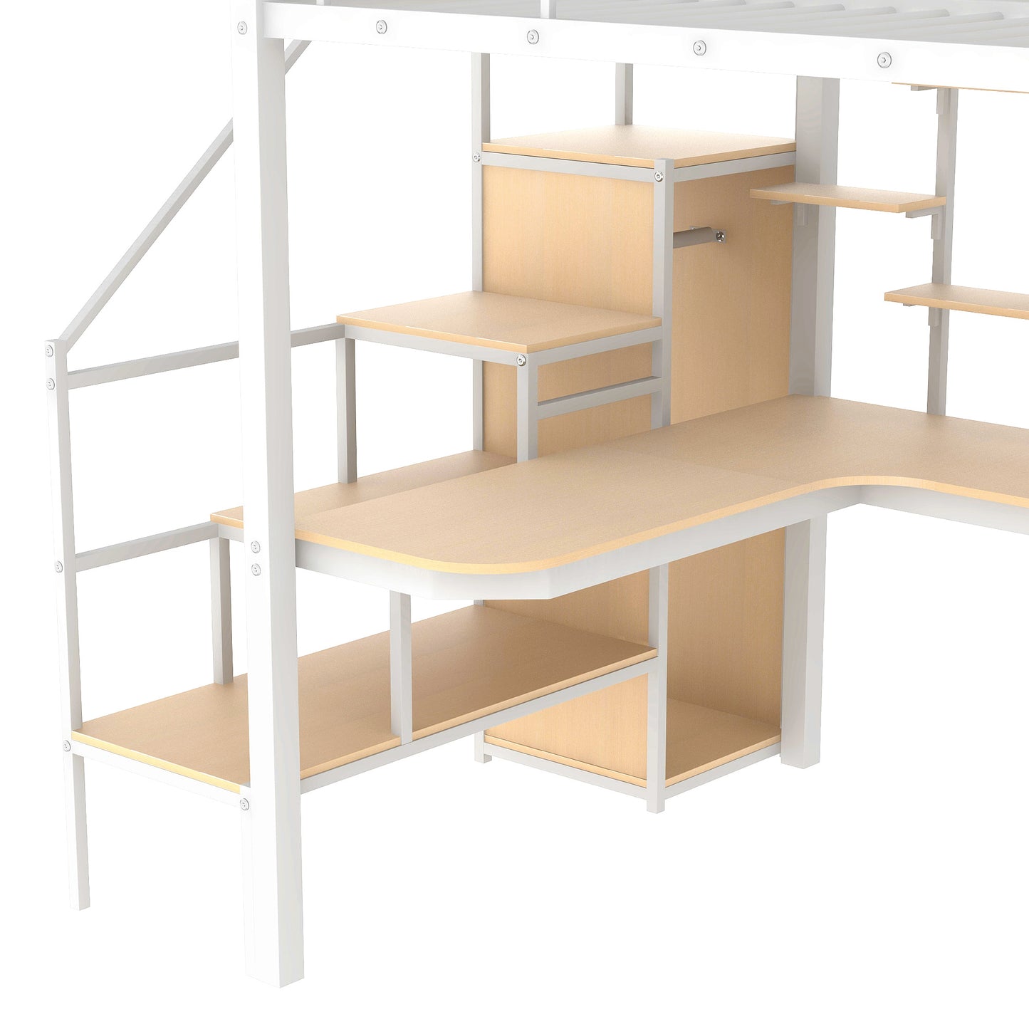 White metal loft bed with builtin light wood desk and shelves