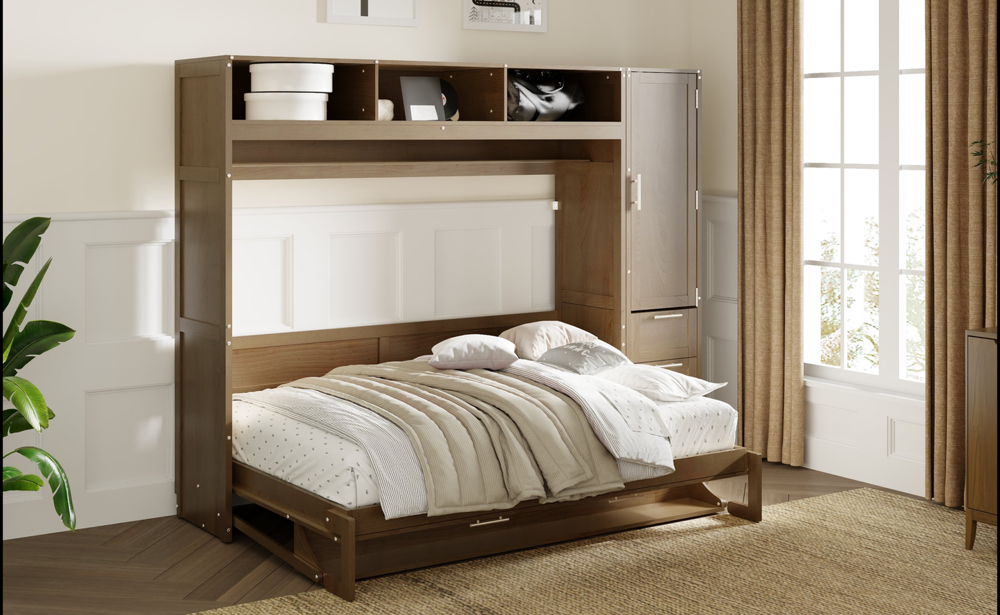 Queen size Murphy bed in warm oak finish with integrated shelving and storage cabinet