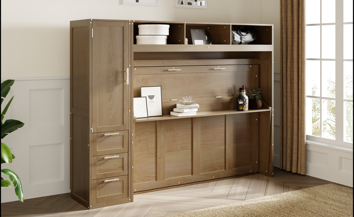 Modern murphy bed cabinet with builtin shelving and drawers