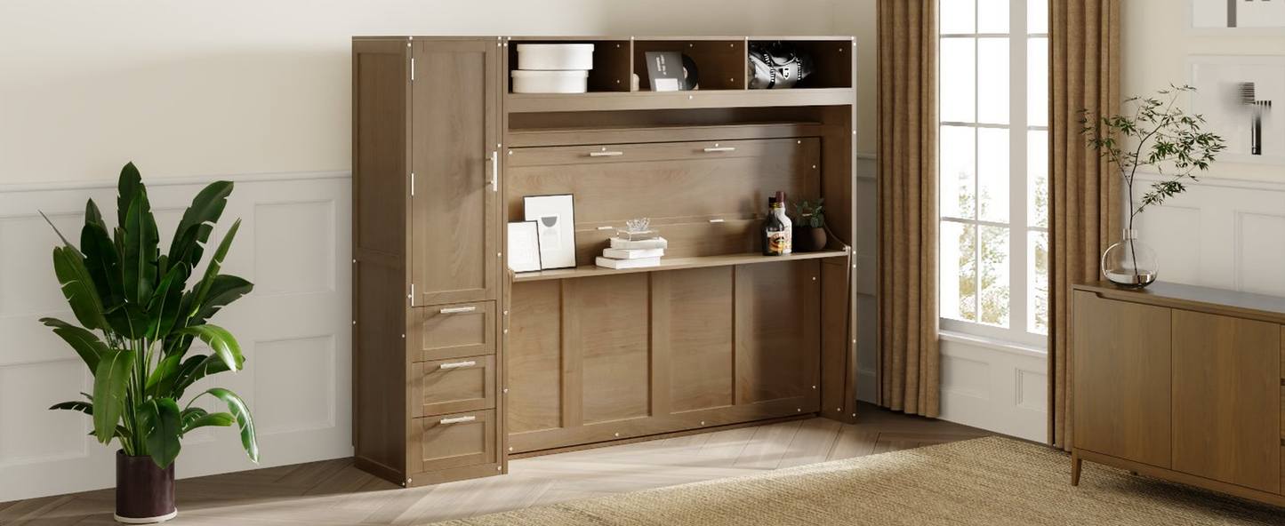Compact wall bed unit with integrated desk and storage in oak finish