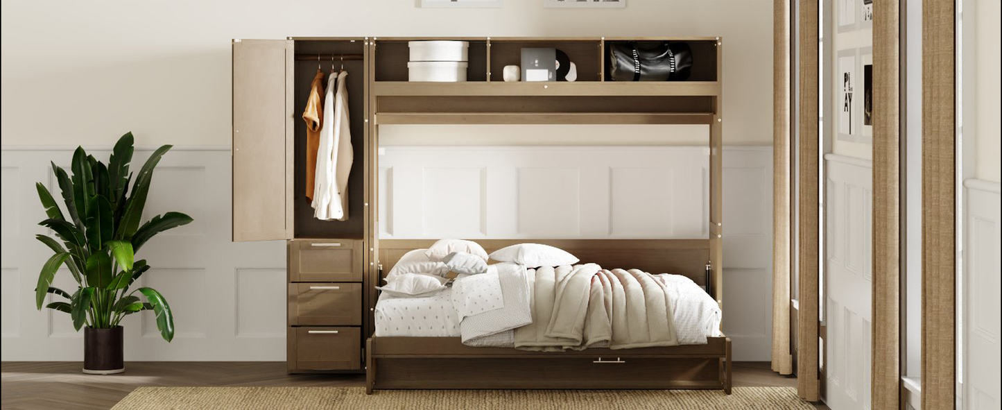 Modern murphy bed with attached wardrobe in warm wood tones