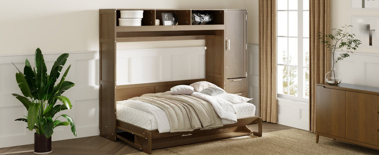 Wooden murphy bed with integrated storage and queensize mattress