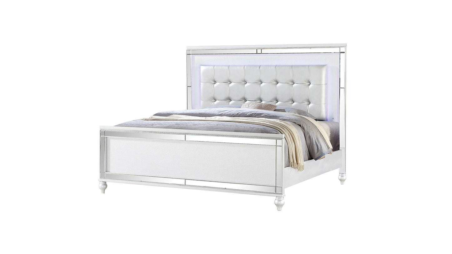 White upholstered bed frame with mirrored accents and LED lighting