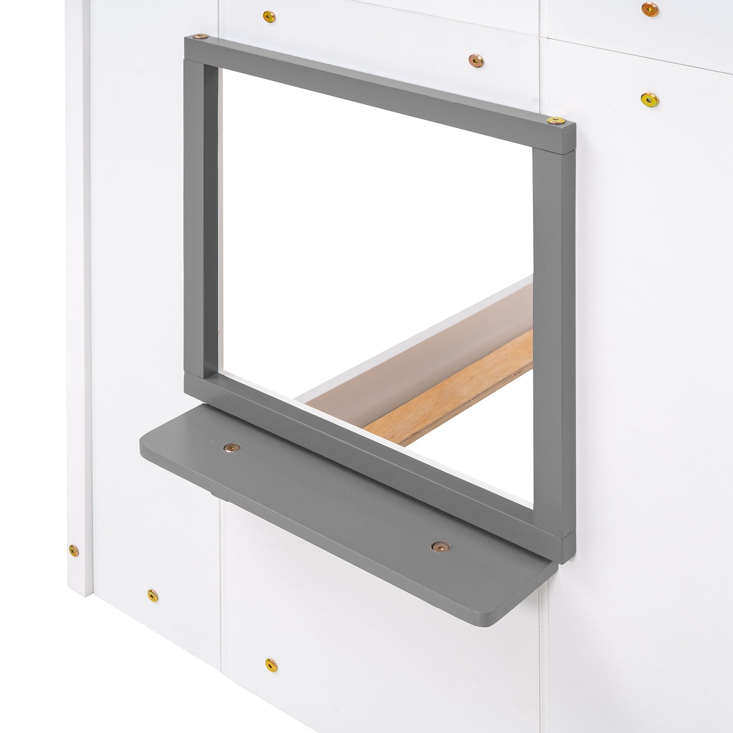 White and gray modern playhouse window detail with shelf