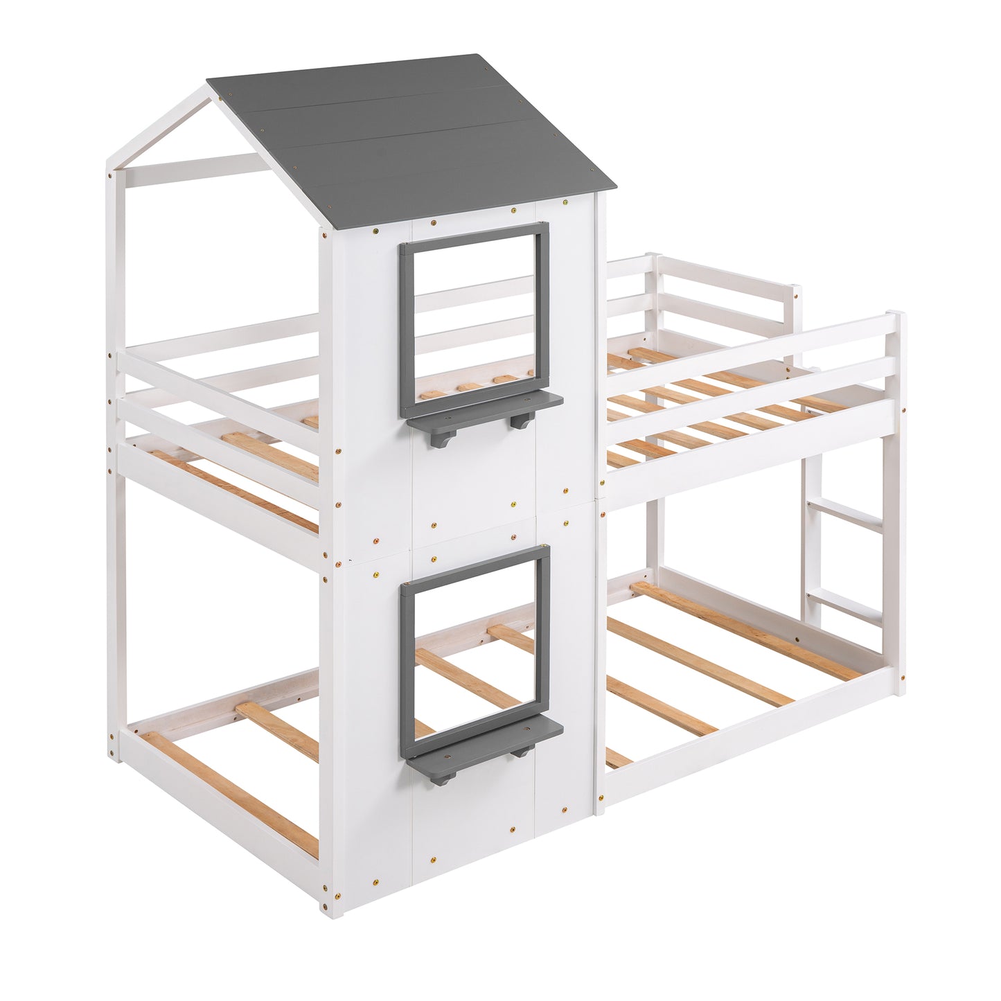 White and gray twin over twin house bunk bed